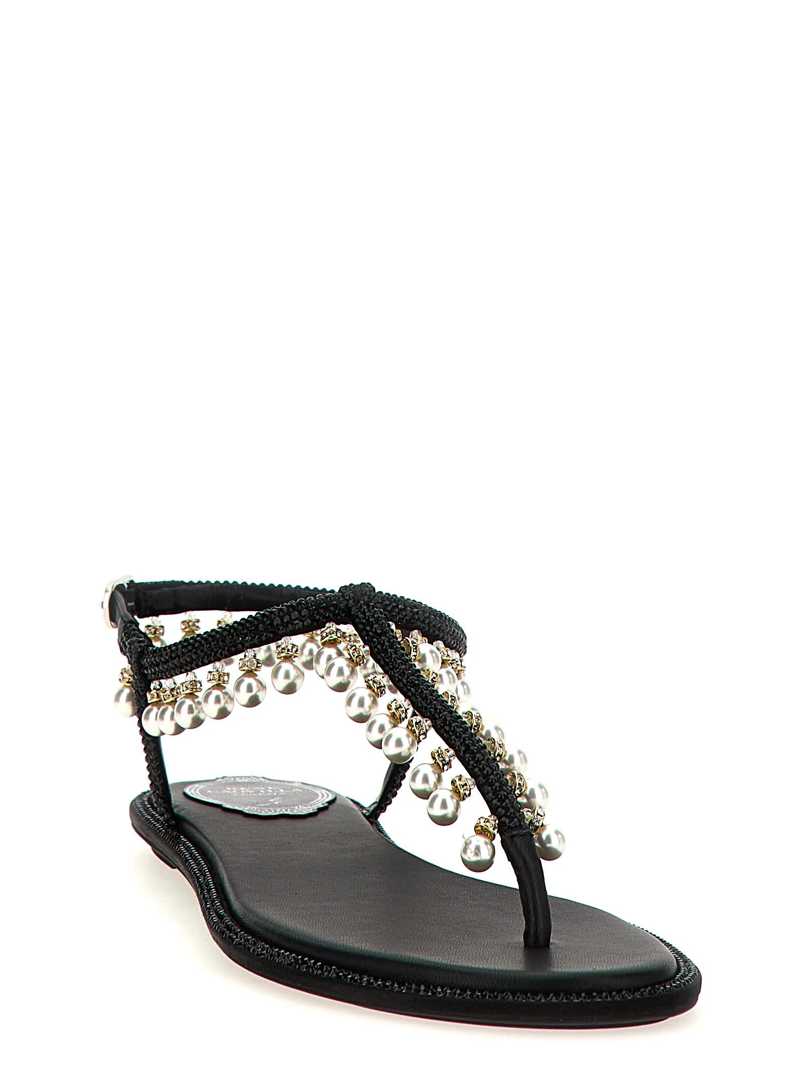 René Caovilla Flat Sandals Adorned Open Toe In Black