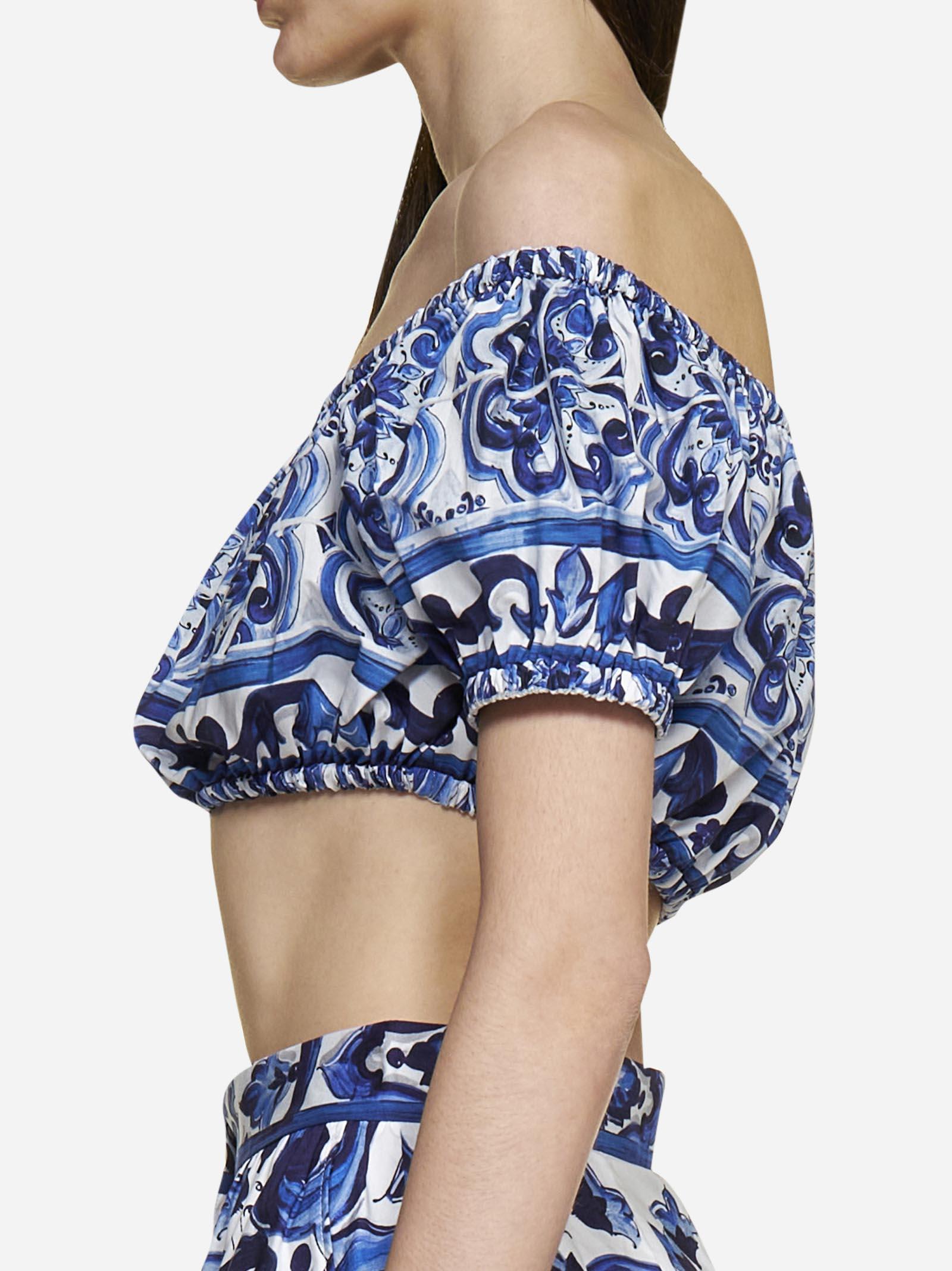 Shop Dolce & Gabbana Majolica Print Cotton Cropped Top In Blue