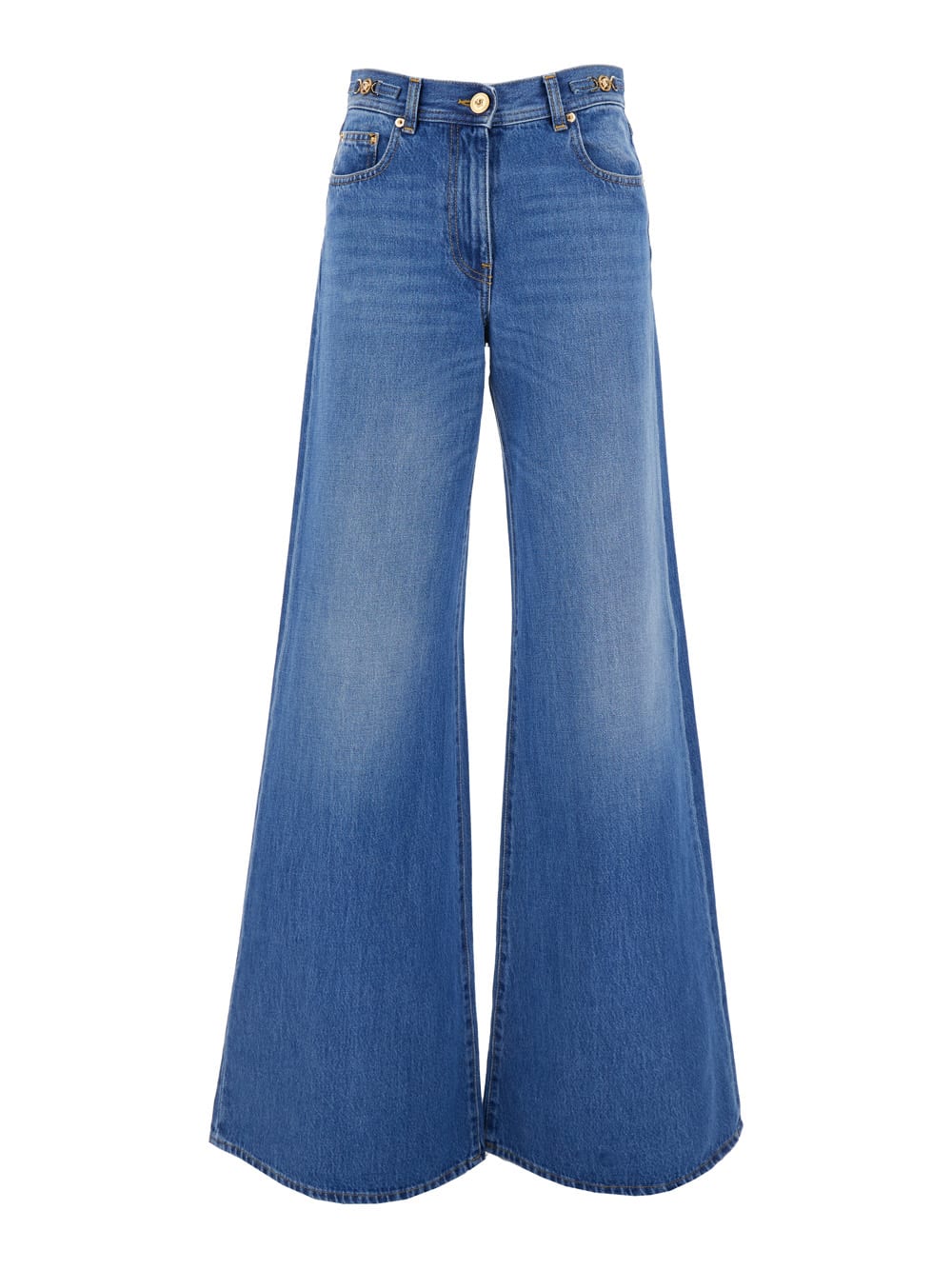 Shop Versace Denim Pants In Medium Blue