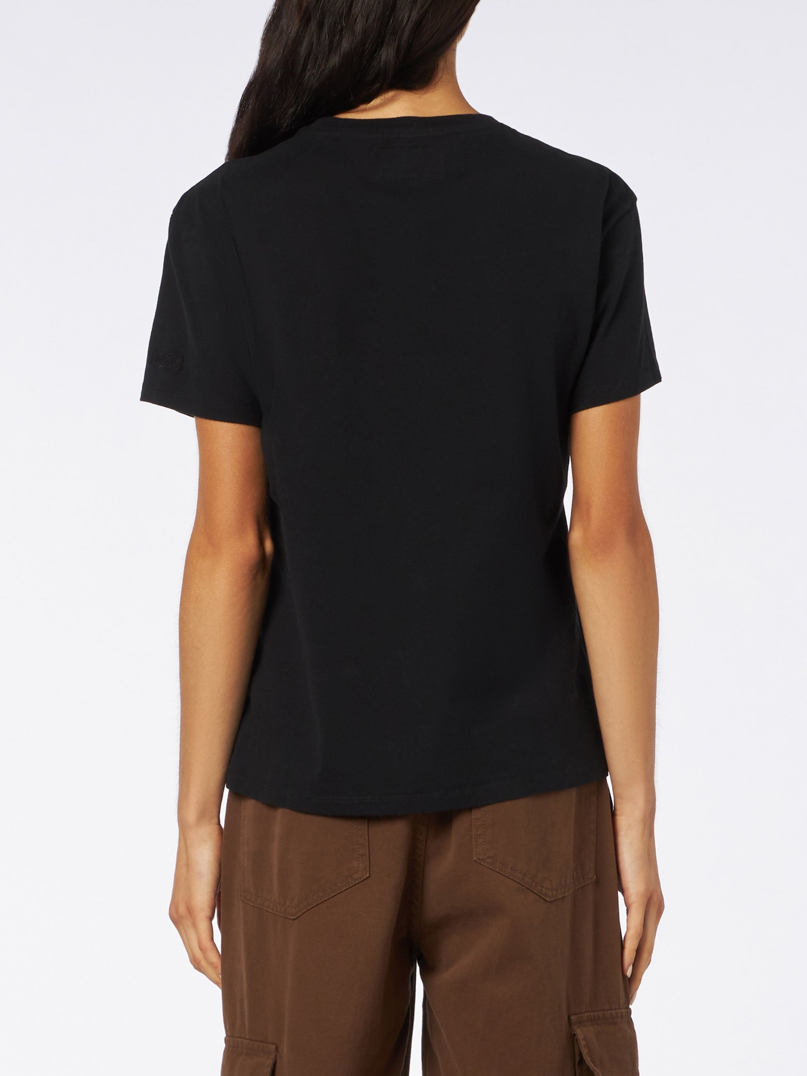 Mc2 Saint Barth Woman Heavy Cotton T-shirt With Aprés Ski Queen Embroidery In Black