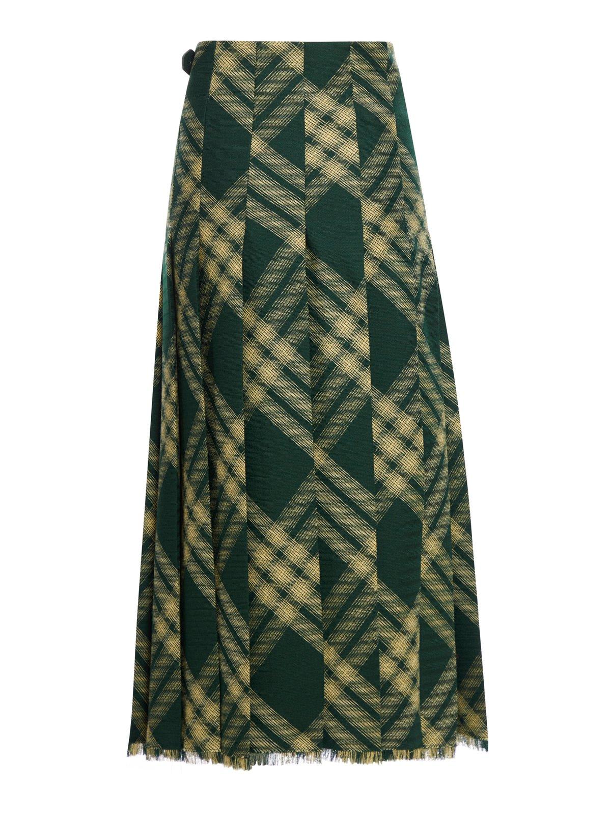 Shop Burberry Check Printed Frayed-edge Midi Skirt In Green