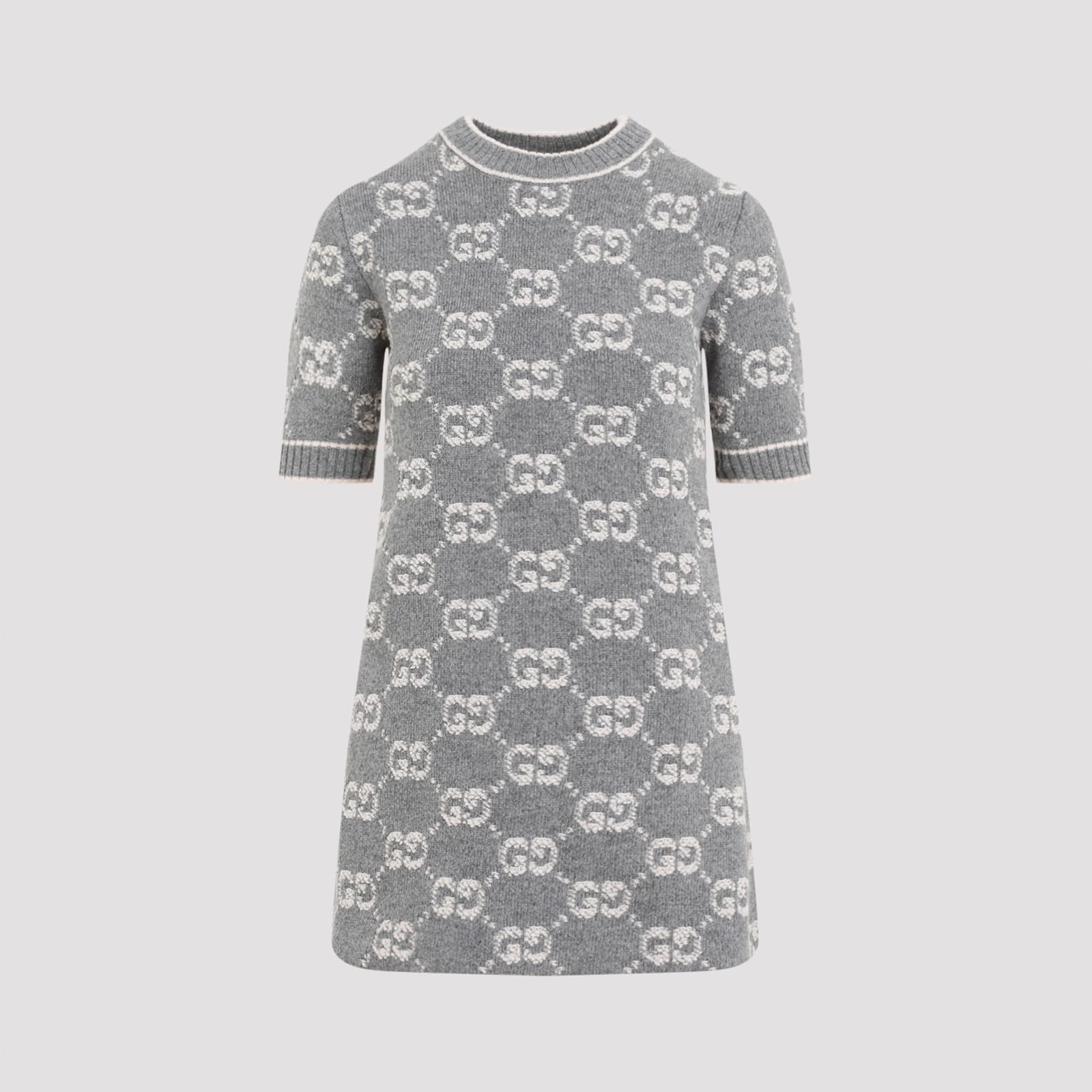 Shop Gucci Wool Mini Dress In Grey Ivory