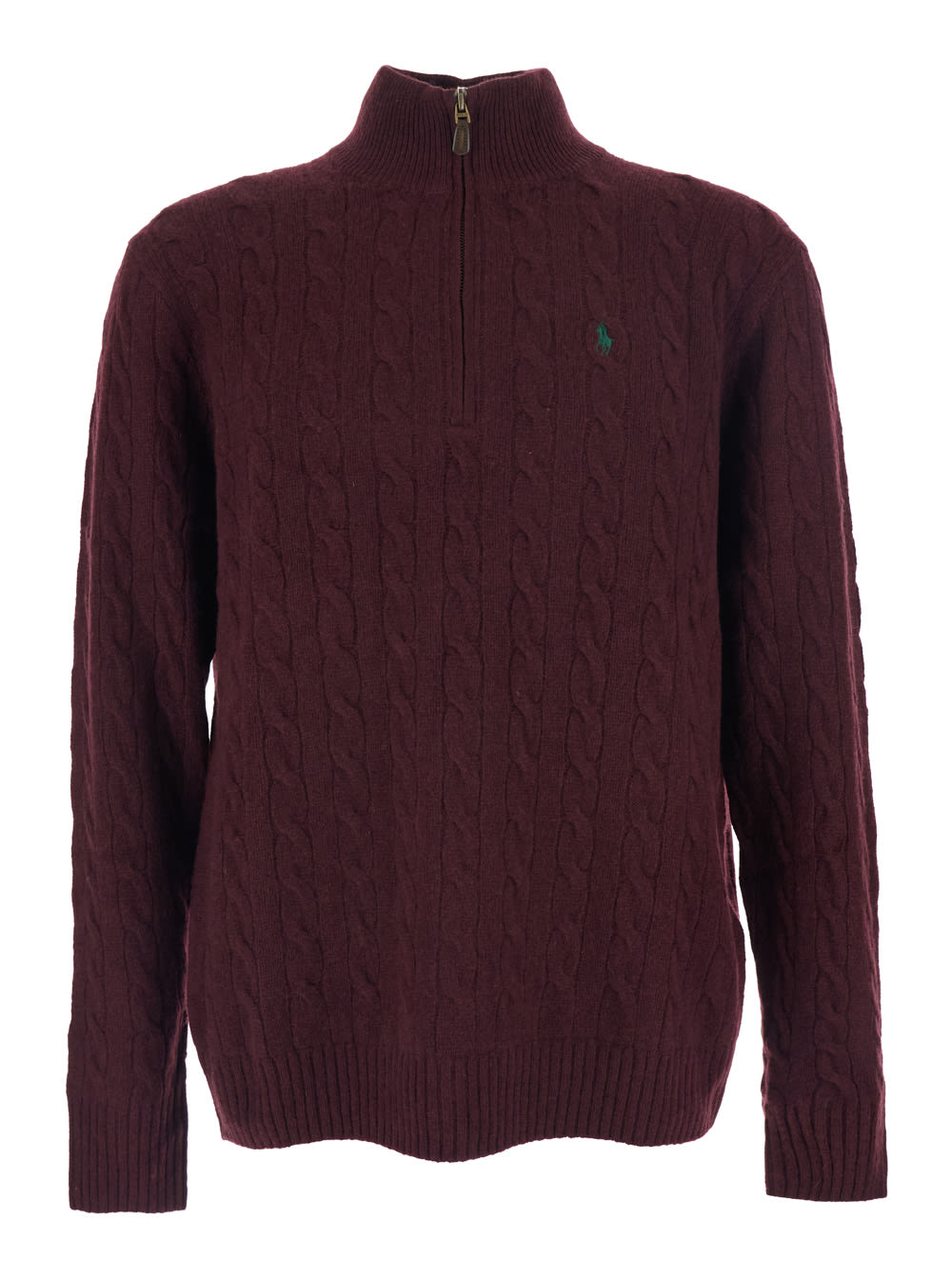 Polo Ralph Lauren Bordeaux Cable Knit Sweater With Half Zip Closure And Pony Embroidery On The Front In Wool And Cashm In Burgundy