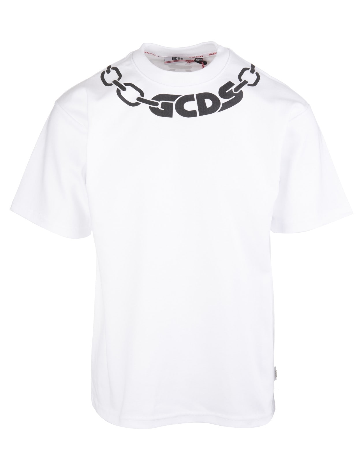 GCDS Man White T-shirt With Logo And Chain Print