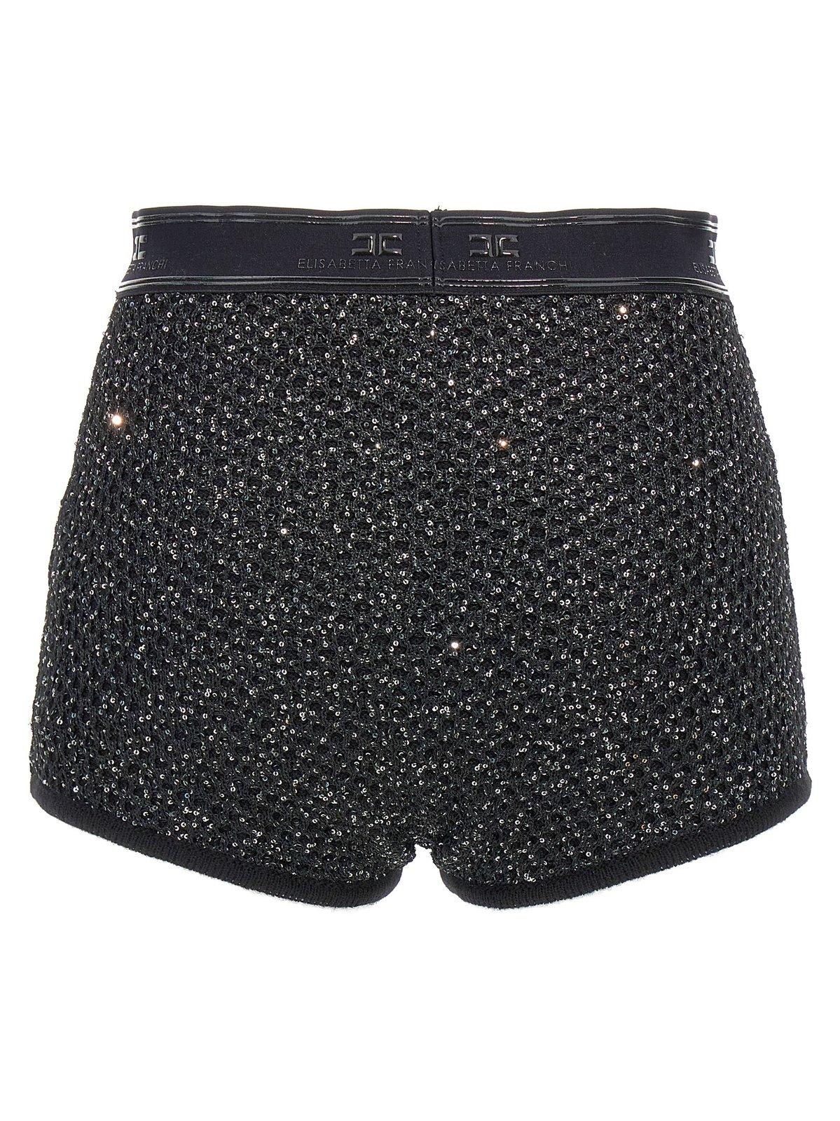 Shop Elisabetta Franchi Logo Plaque Sequin-embellished Shorts In Black