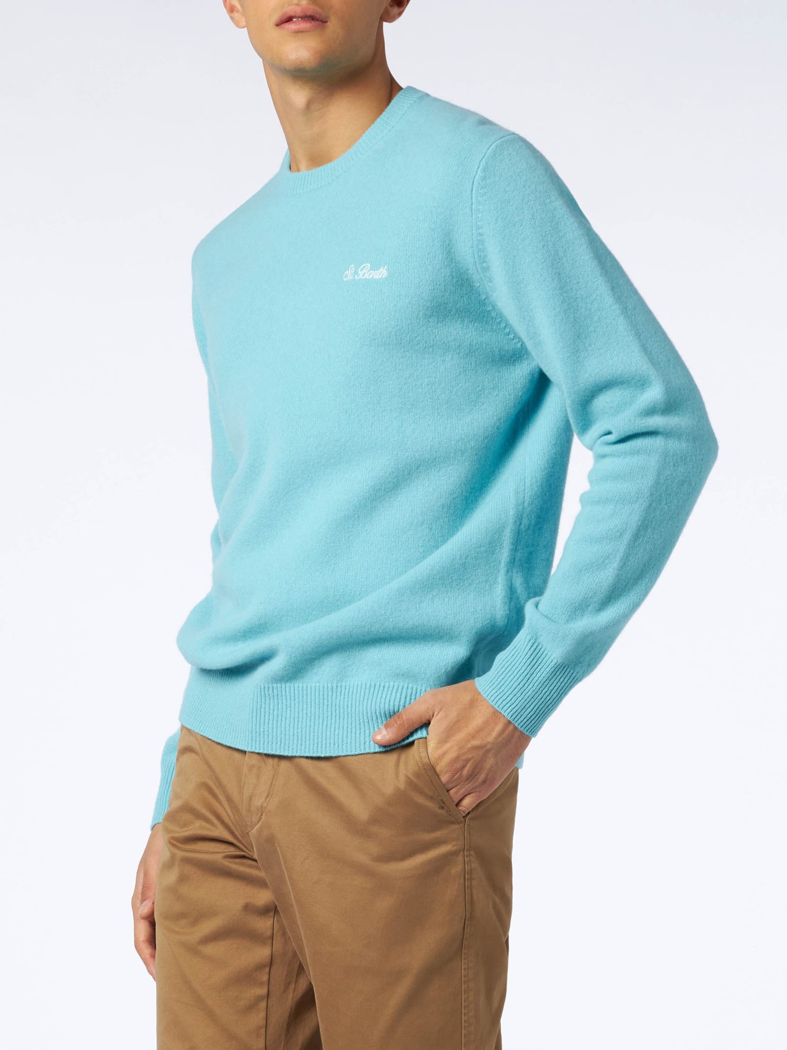 Shop Mc2 Saint Barth Man Crewneck Water Green Sweater With St. Barth Embroidery