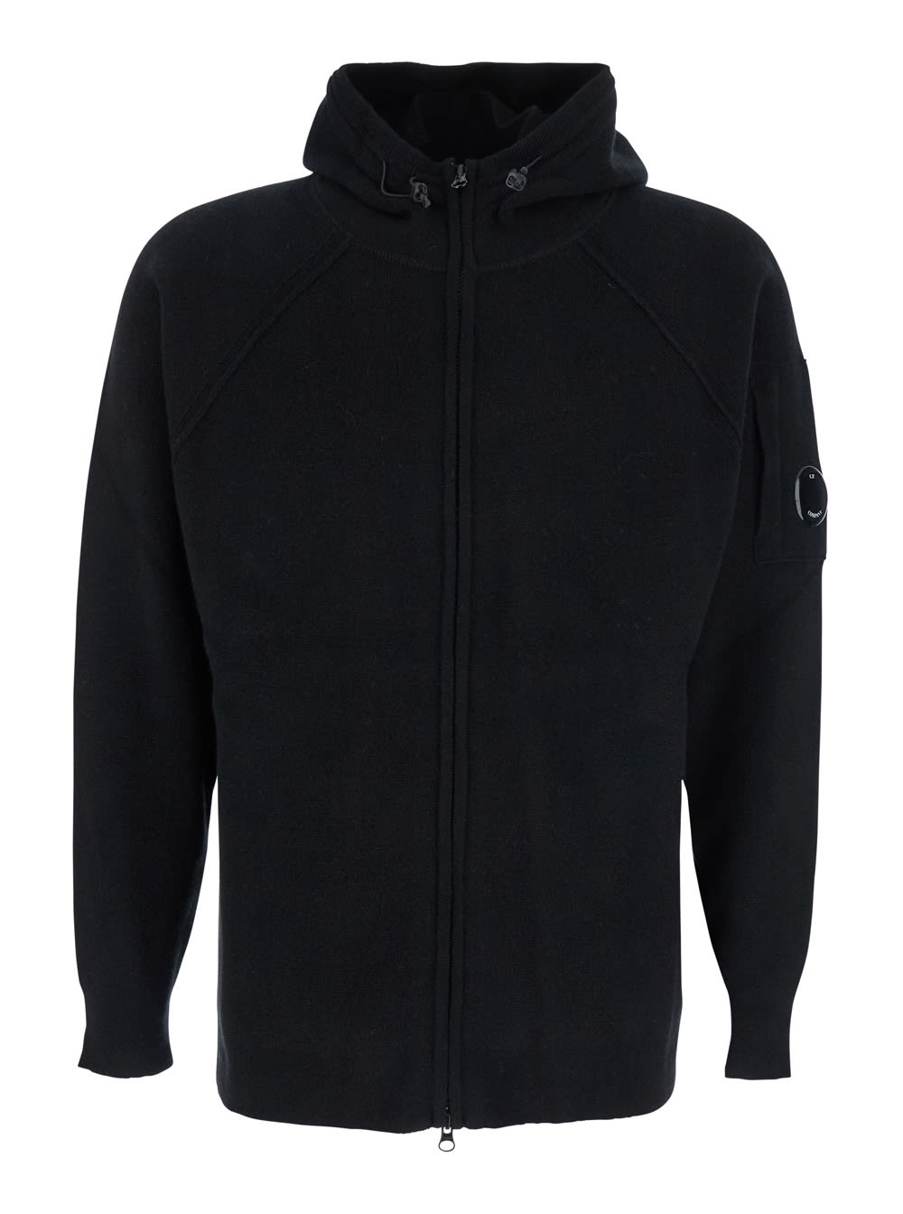 C.p. Company Black Cardigan With Drawstring Hood And Logo Plaque On The Sleeve In Black