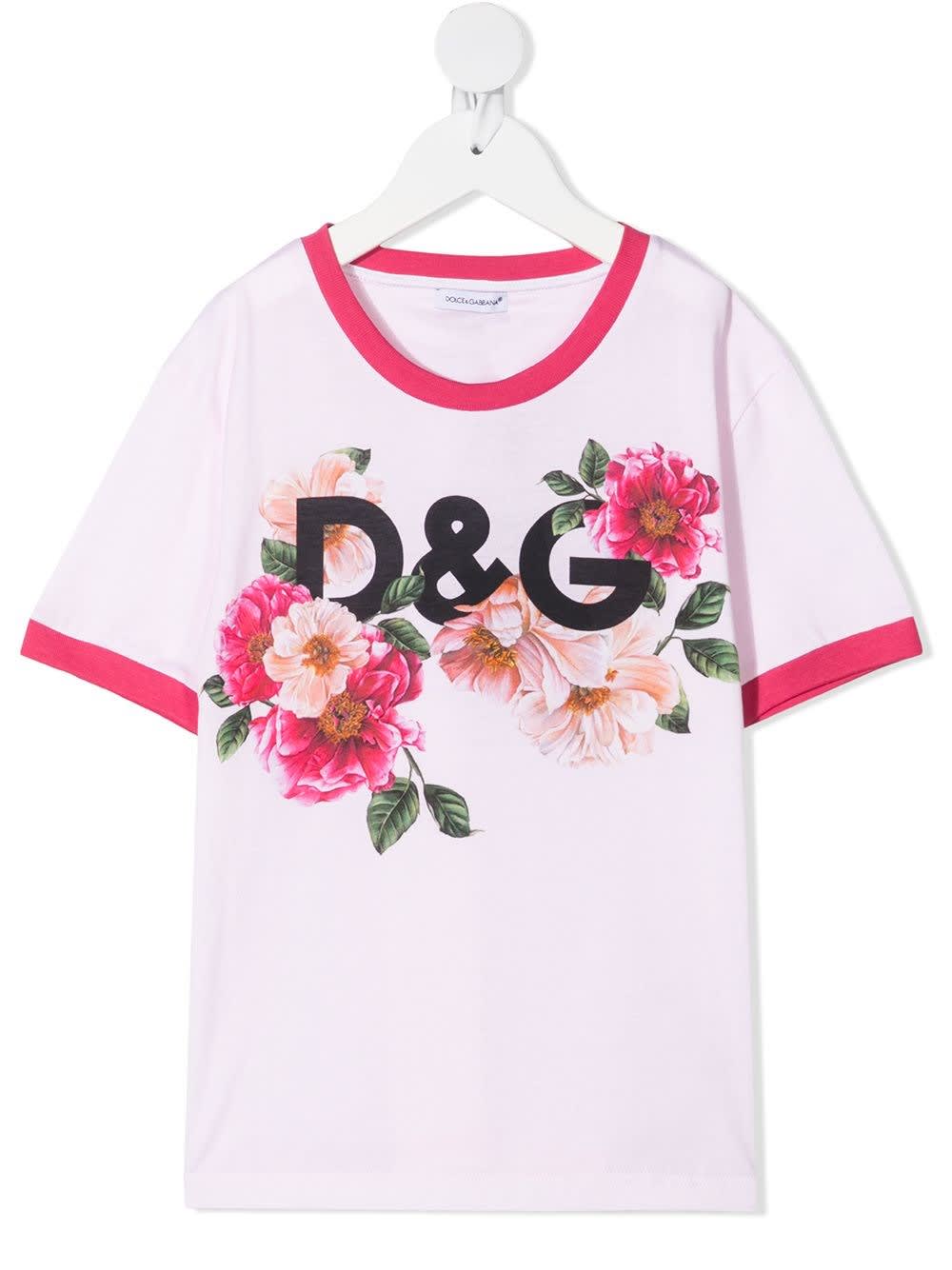 Shop Dolce & Gabbana T-shirt With Flowers Logo Print In Rosa
