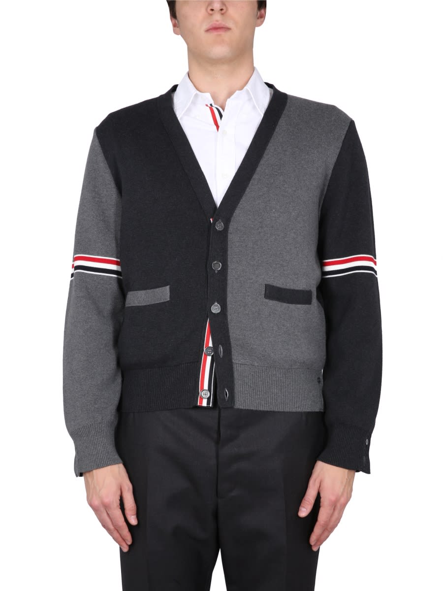 Thom Browne Striped Two-tone Cotton Cardigan In Black