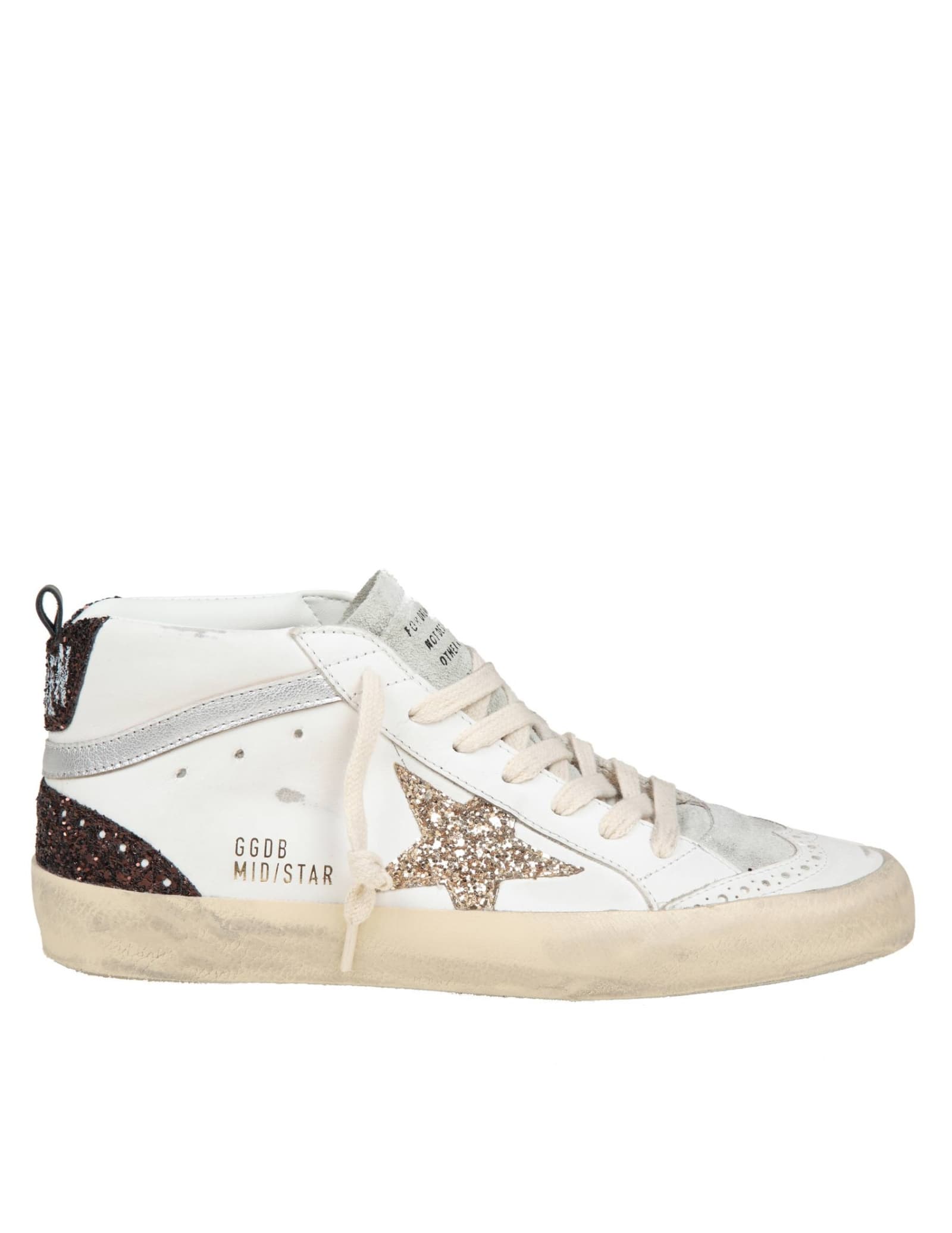 Shop Golden Goose Mid Star In Leather And Suede With Glitter Star In White/gold