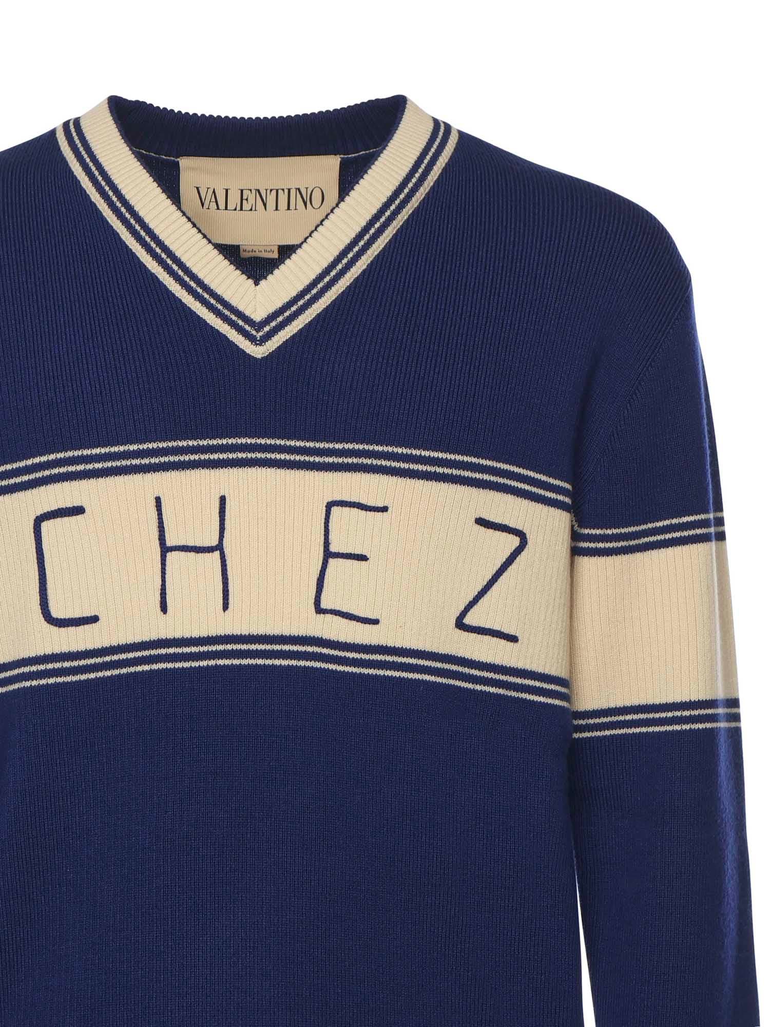 Valentino Embroidered Striped Virgin Wool And Cotton-blend Sweater In Blue