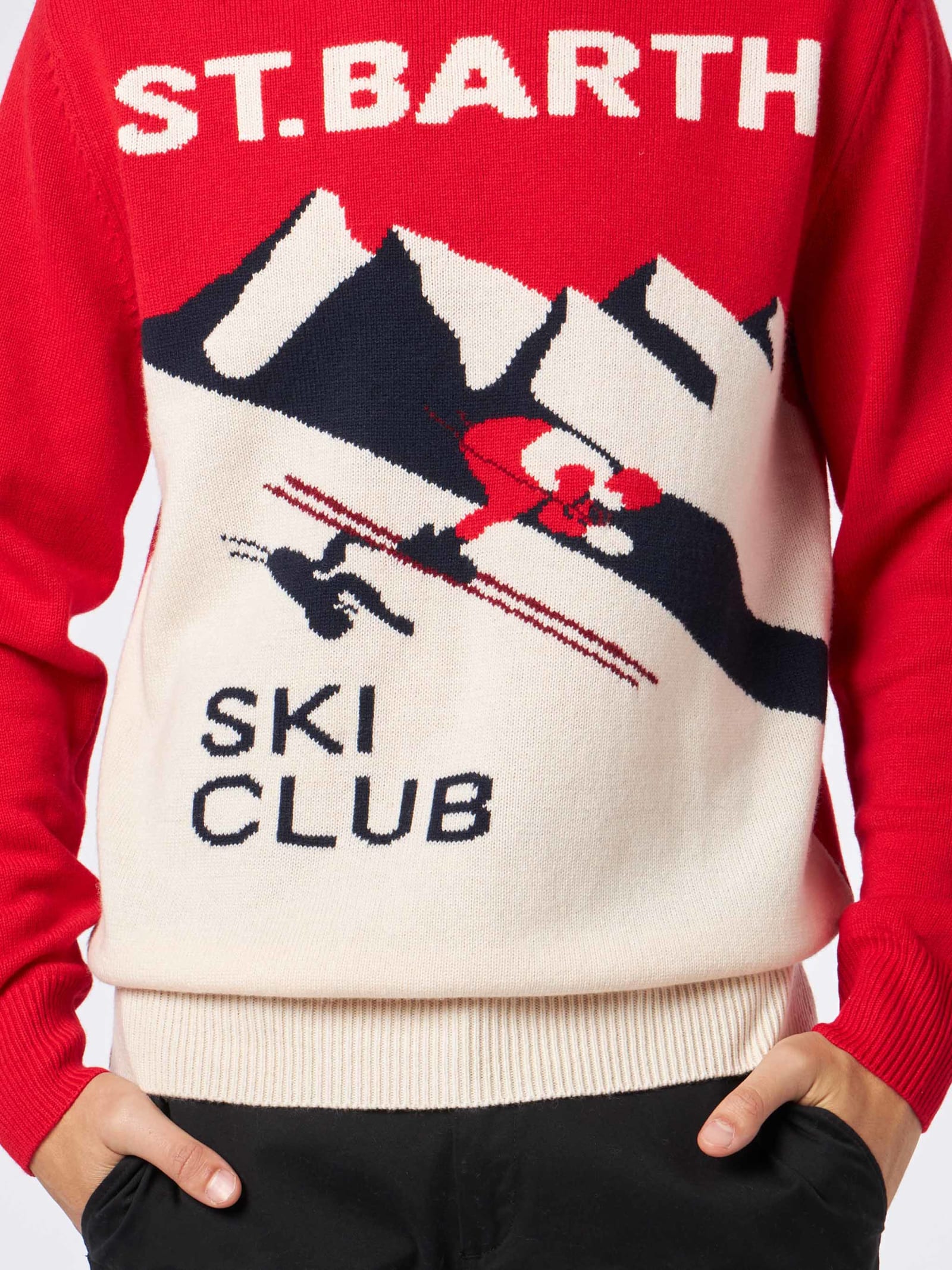 Shop Mc2 Saint Barth Man Crewneck Sweater With St. Barth Ski Club Postacard Jacquard Print In Red