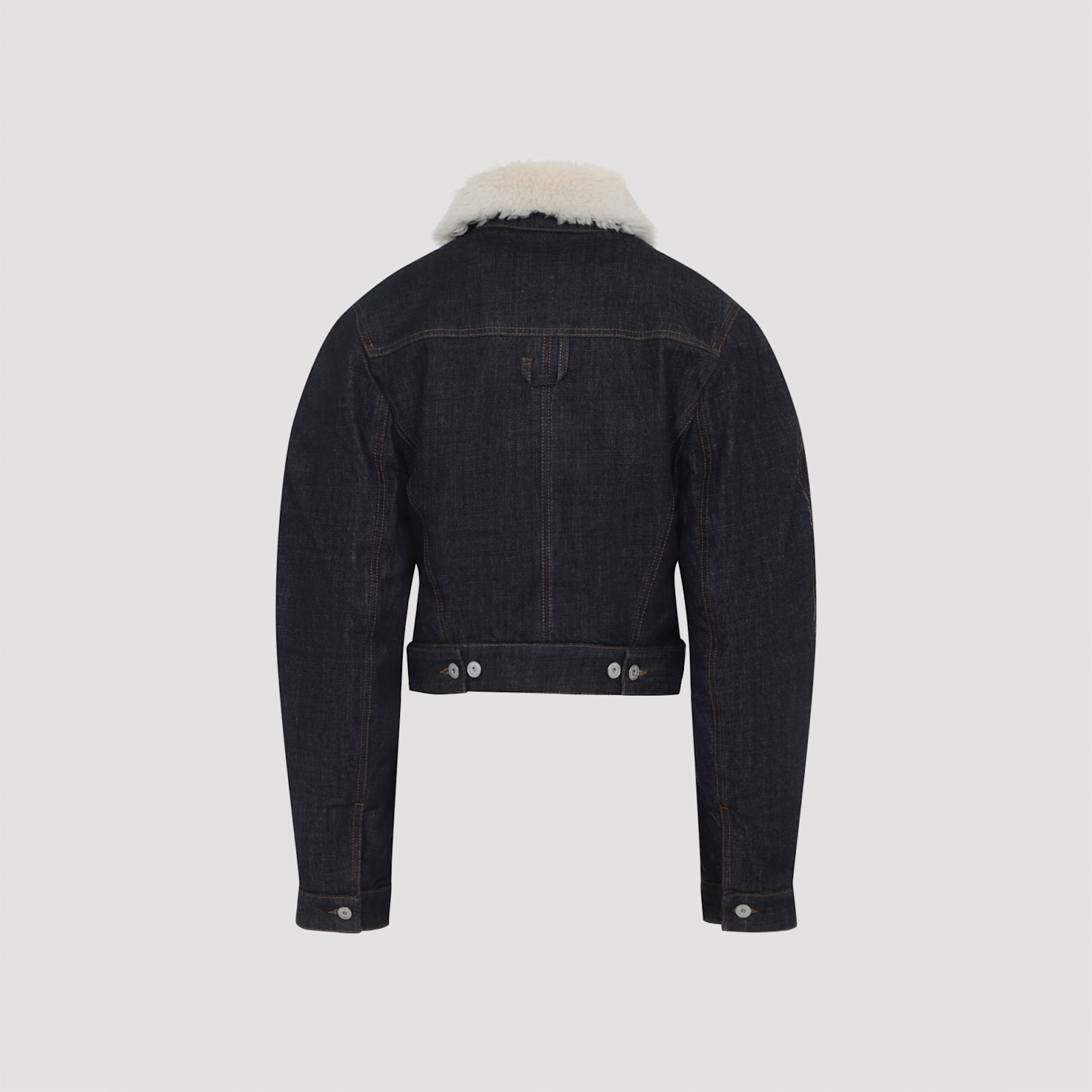 Jacquemus Le Bomber De-nimes Ovalo Blue Jacket With Fur Collar And Two Front Welt Pockets In Denim Woman In Blue