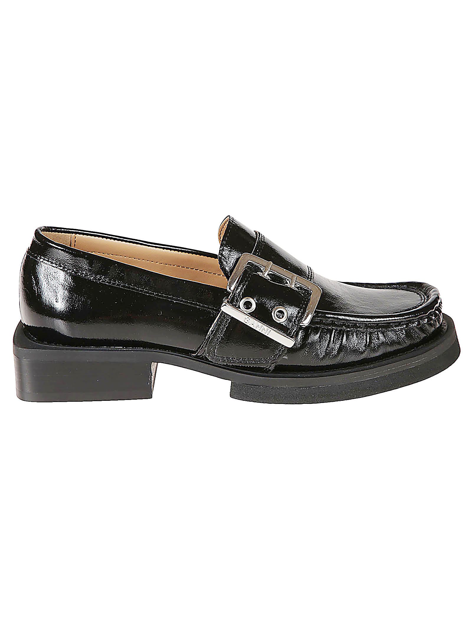 Shop Ganni Block Heel Buckled Loafers In Black