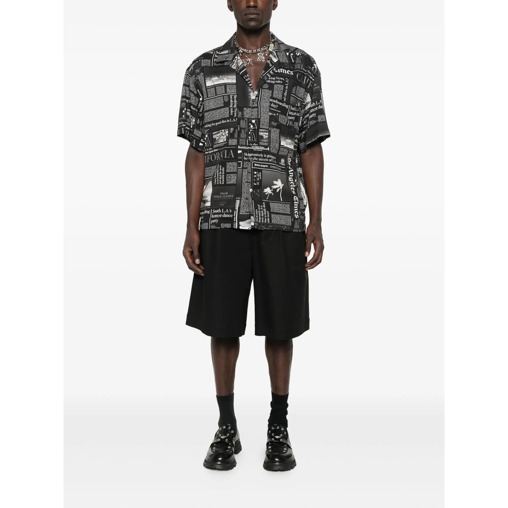 Palm Angels Newspaper Motif Short-sleeved Shirt In Black