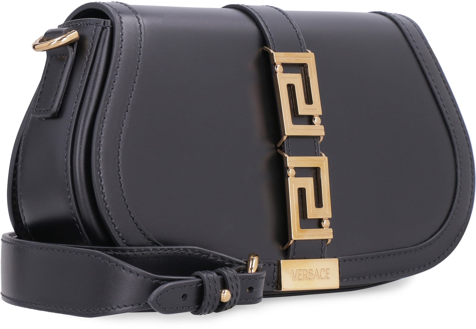 Shop Versace Greca Goddess Leather Crossbody Bag In Black