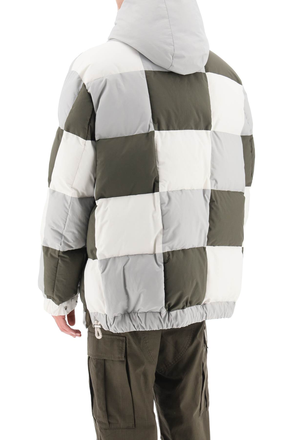 Shop Sacai Hooded Puffer Jacket With Checkerboard Pattern In Gray Multi (white)