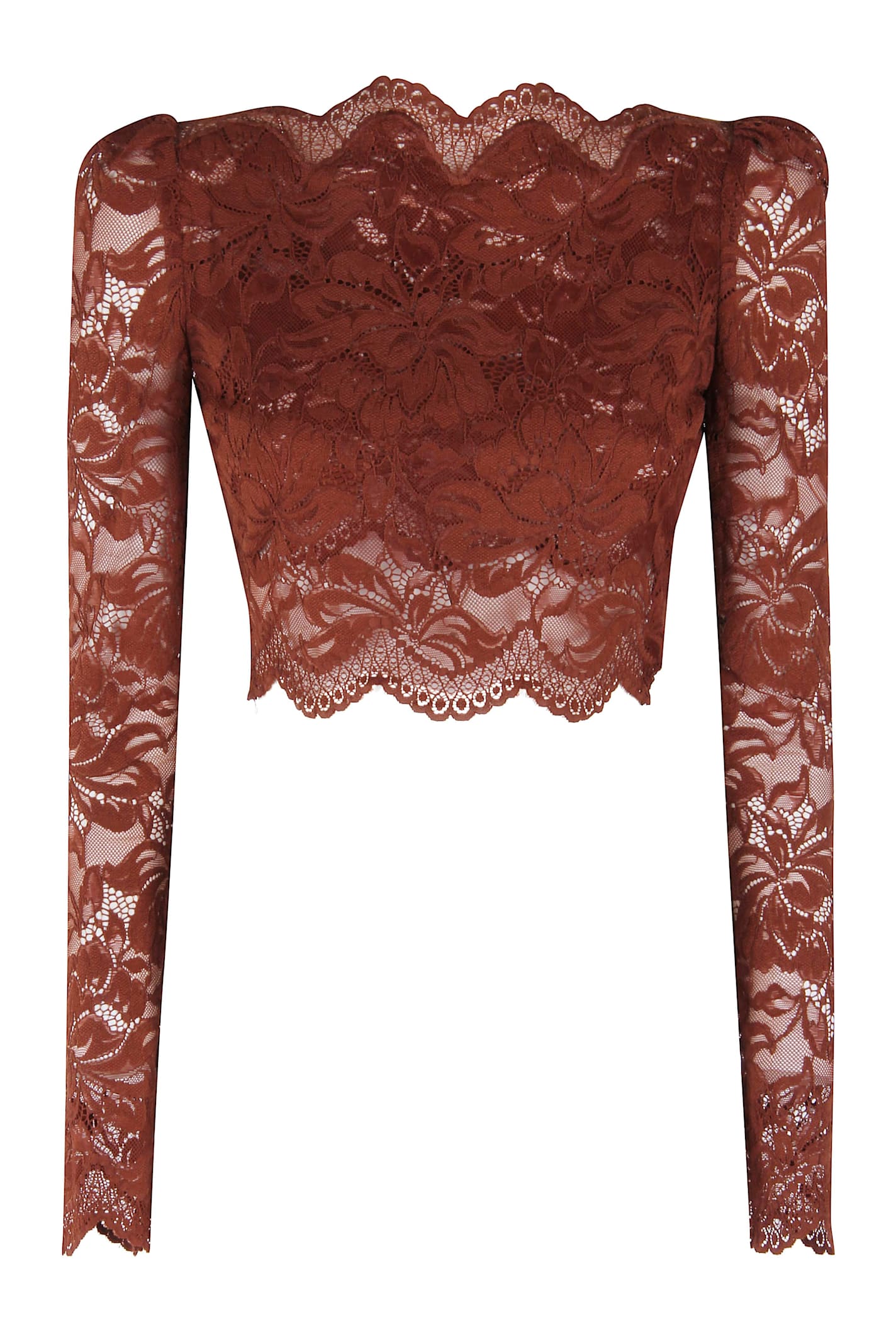 Rabanne Floral Lace Long Sleeve Cropped Top In Red