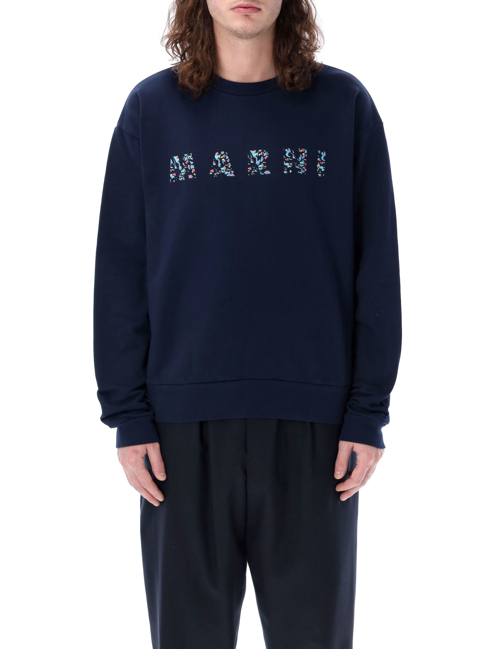 Shop Marni Logo Flowers Sweater In Navy