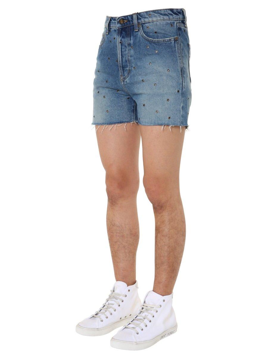 Saint Laurent Studded Denim Shorts In Azure