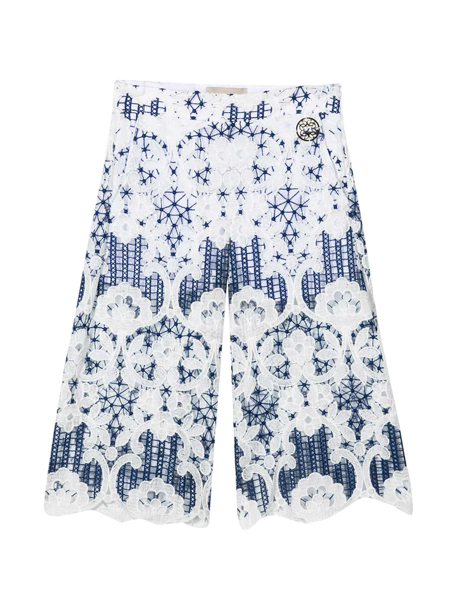 Elie Saab Kids' White Trousers With Blue Print In Bianco/blu