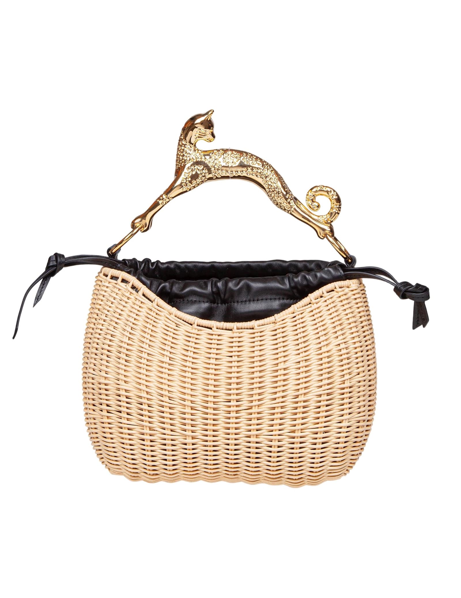 Large Hobo Bag In Raffia And Leather With Cat Handle