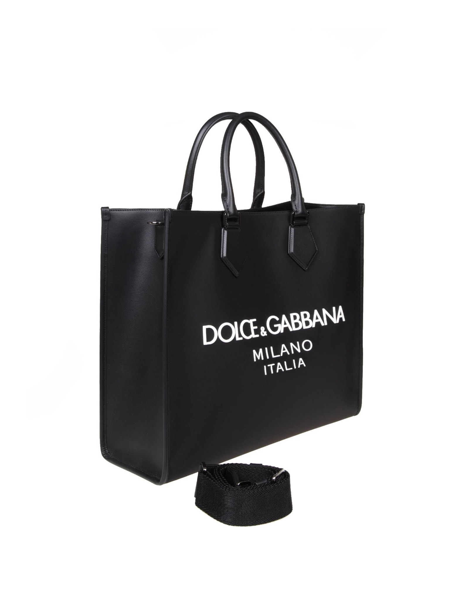 Shop Dolce & Gabbana Shopping Bag In Fabric With Rubber Logo In Black / Black