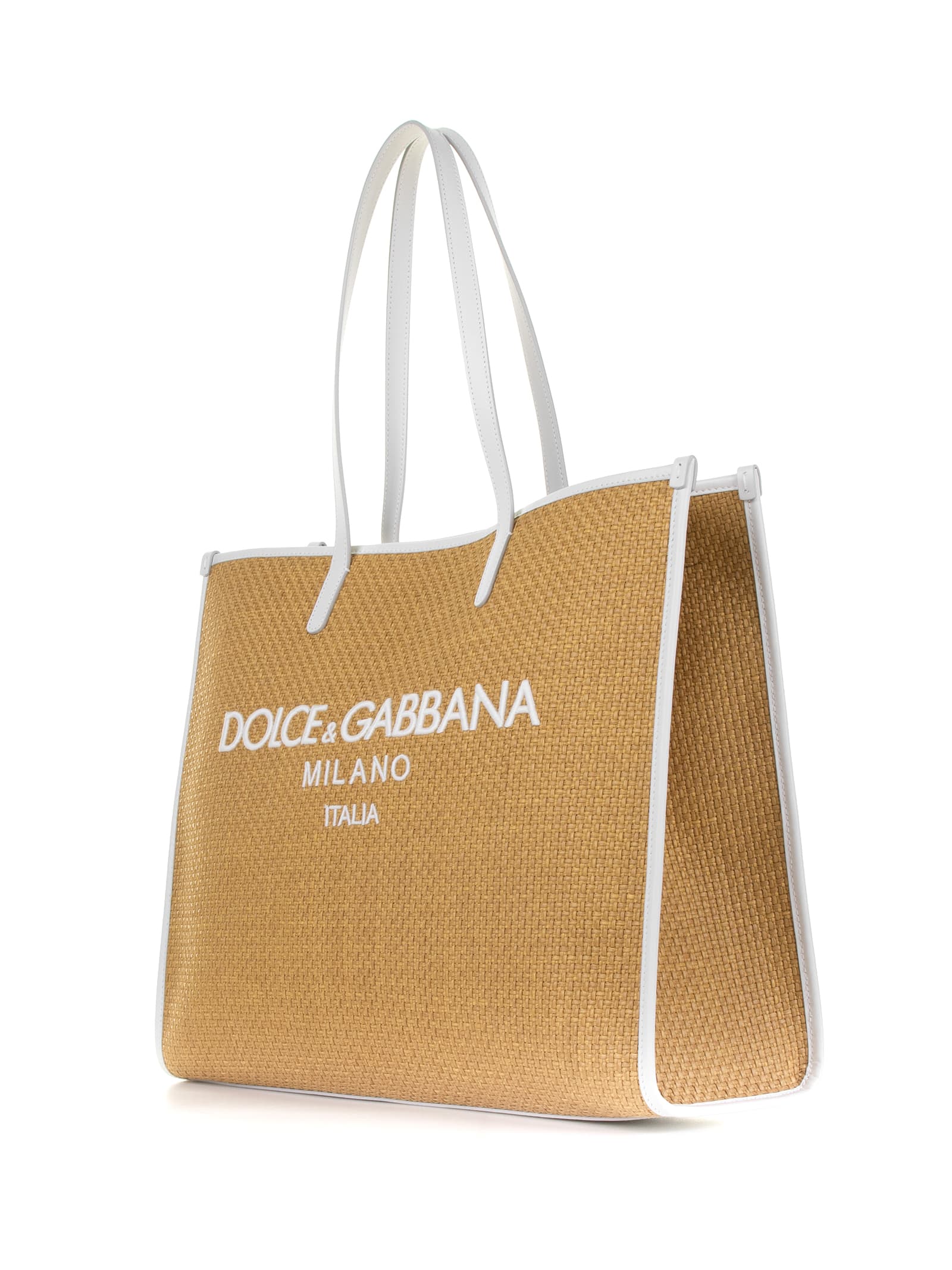 Shop Dolce & Gabbana Large Shopping Bag In Woven Raffia With Logo In Miele Latte