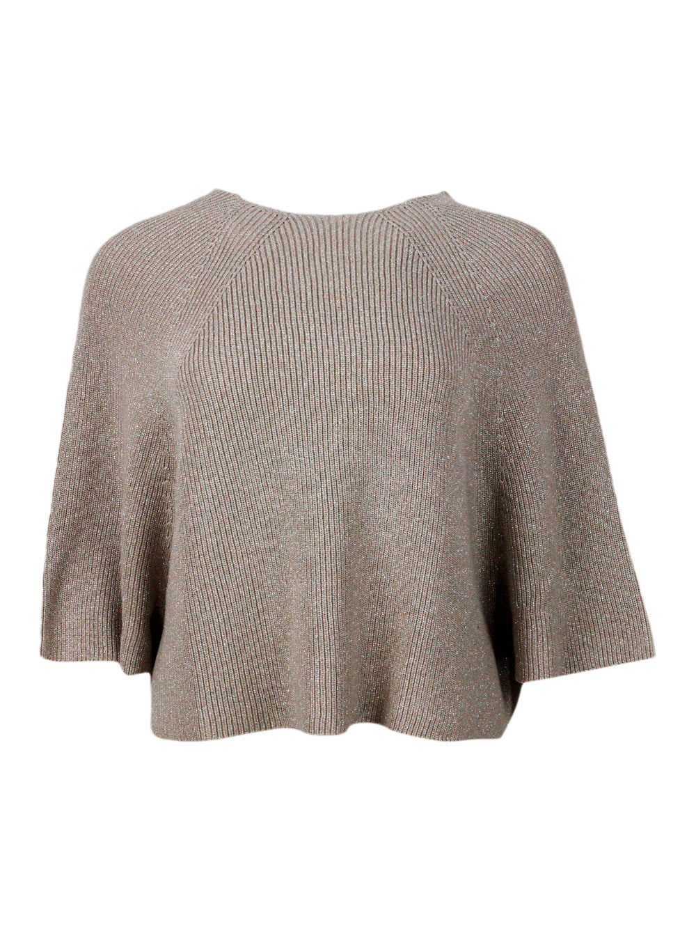 Boat Neck Sweater With Wide Sleeves With Half English Rib Knit In Cotton Embellished With Bright Lurex Threads