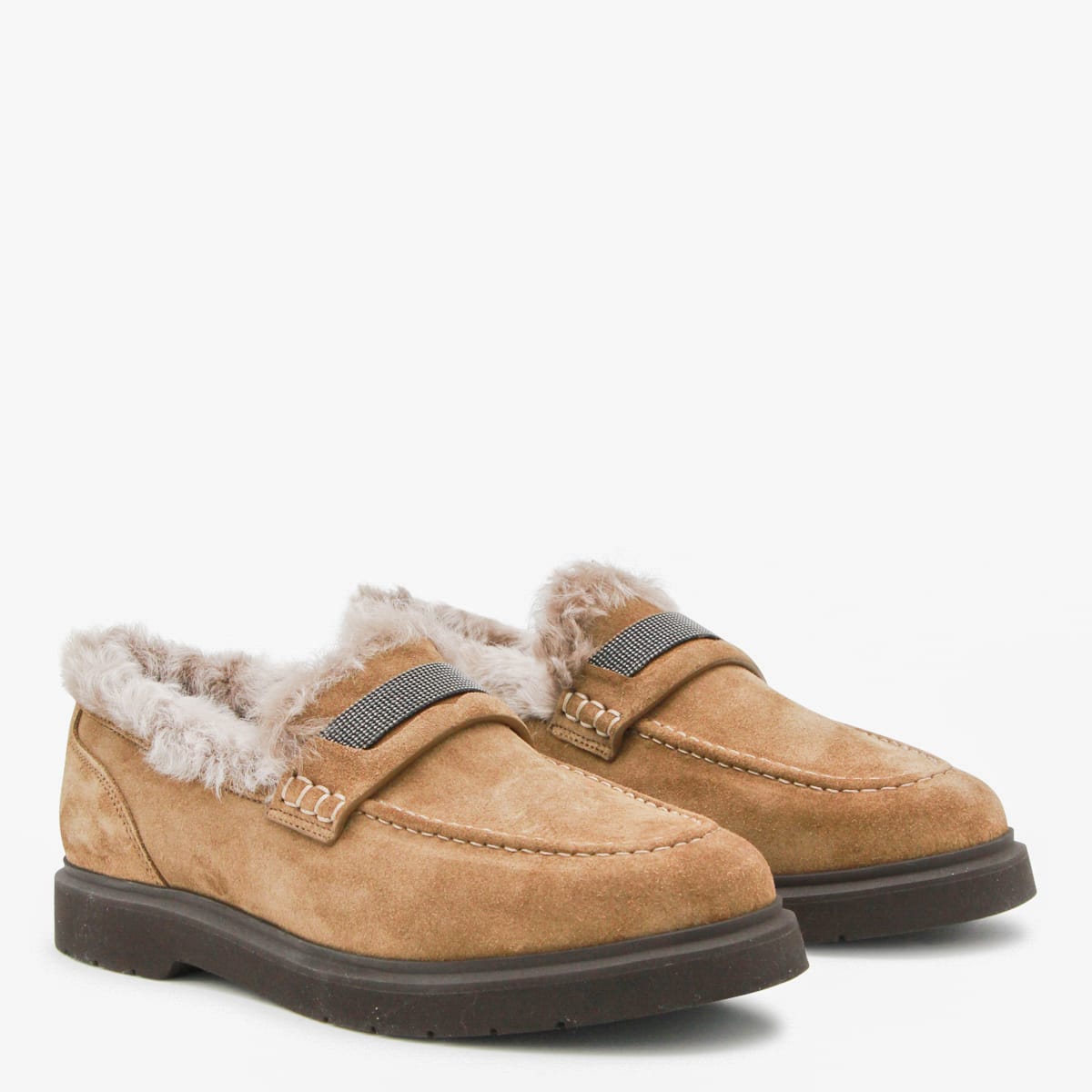 Brunello Cucinelli Camel Leather Loafers In Brown