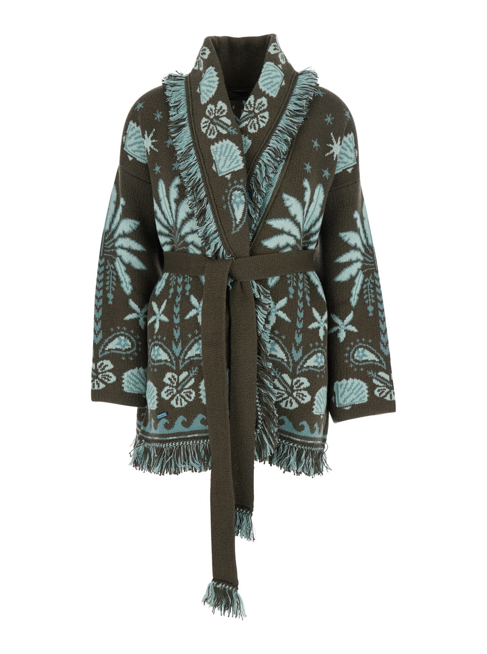 Alanui Echoes Of The Island Multicolor Cardigan With Geometric Motif And Fringed Hem In Wool Woman