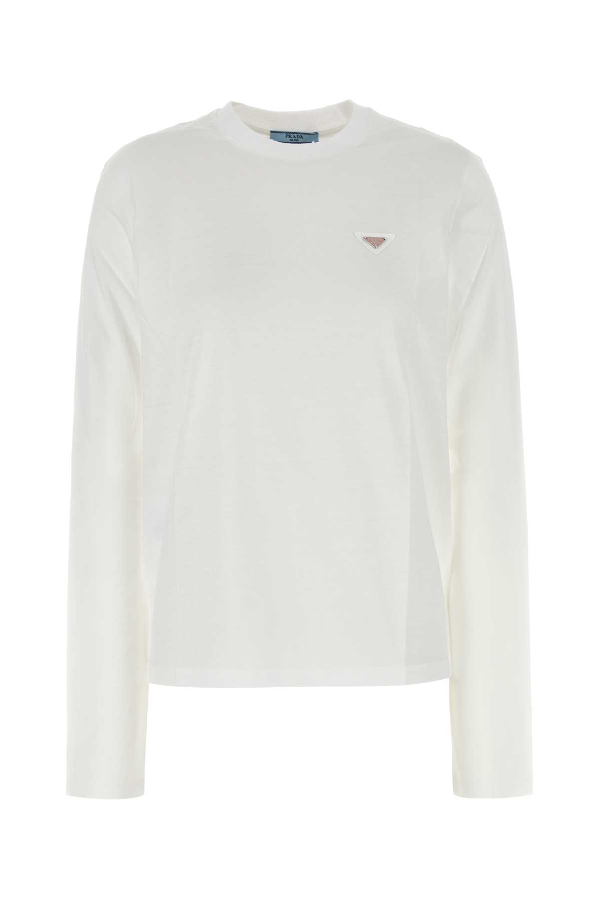 Prada Cotton Crew Neck T-shirt Long Sleeves In White