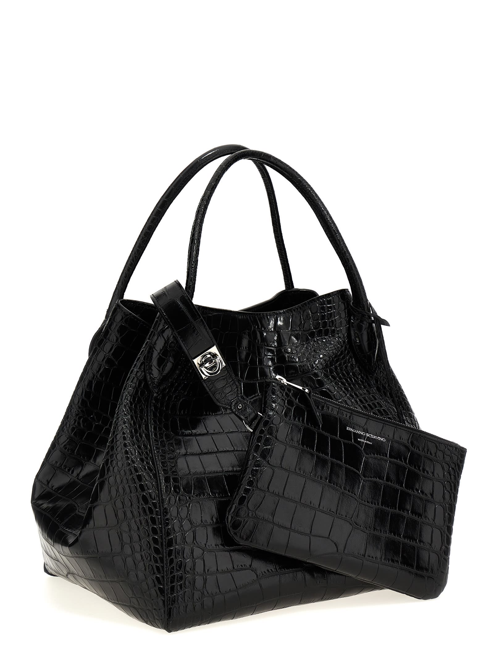 Shop Ermanno Scervino Crocodile Print Leather Shopping Bag In Black