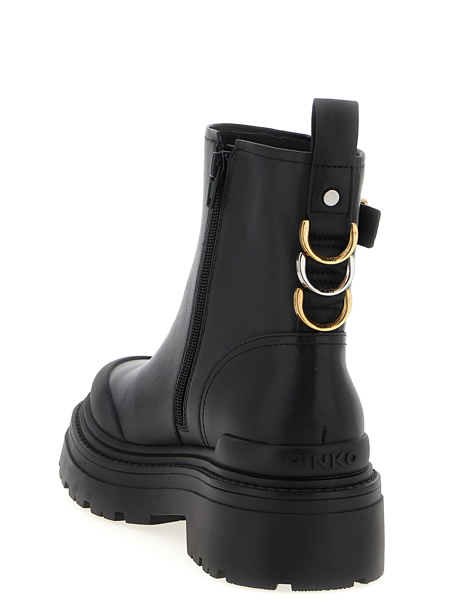 Pinko Leather Booties With Love Birds Logo In Black