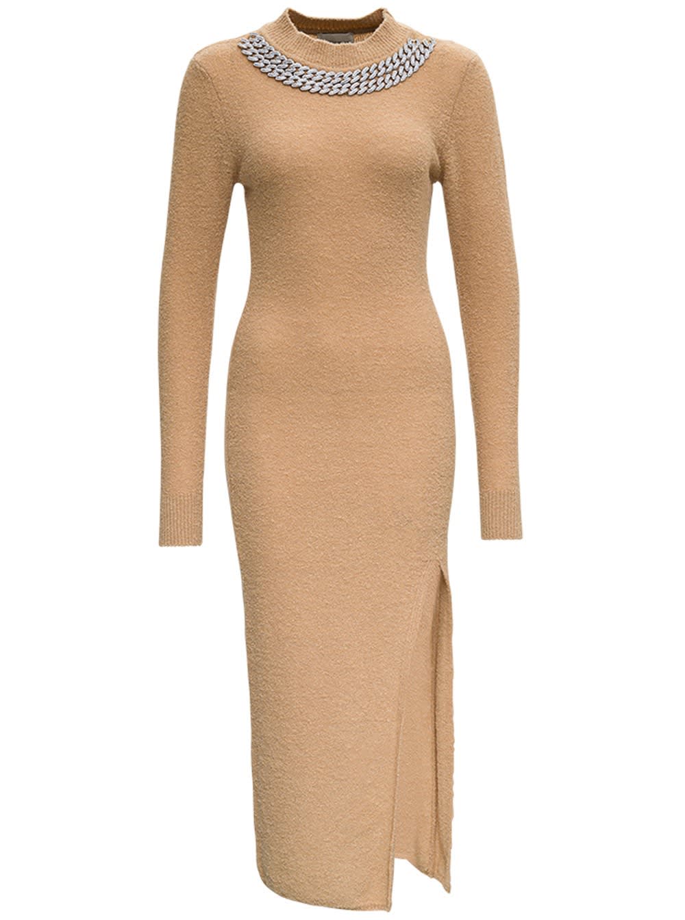 Giuseppe di Morabito Long Beige Wool Blend Dress With Chain Detail
