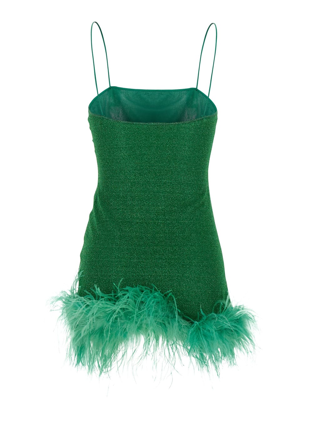 Shop Oseree Lumiere Plumage Green Sleeveless Slip Dress With Tonal Feathered Hem In Tech Fabric Stretch Woman