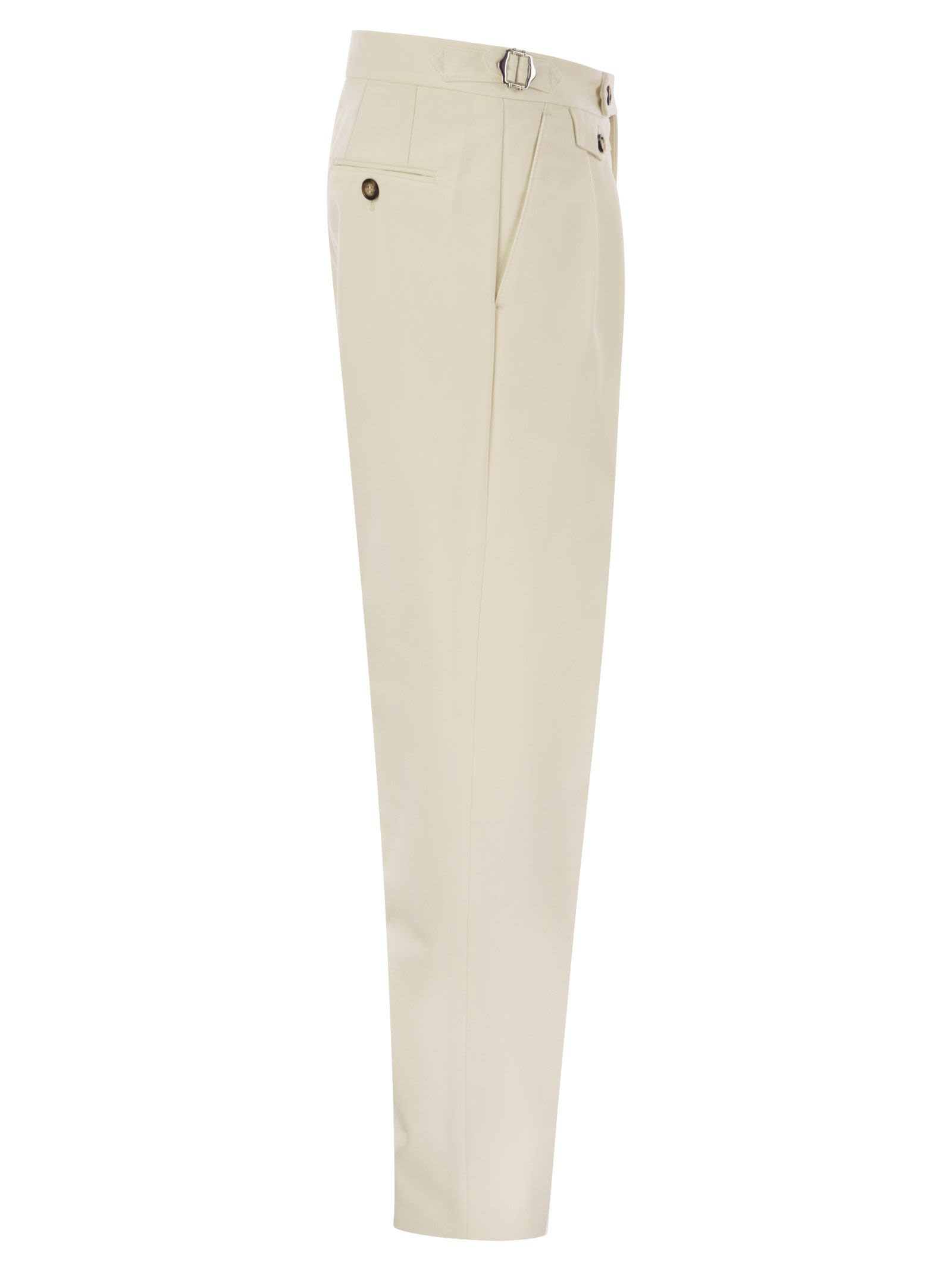 Brunello Cucinelli Tailor-fit Trousers In Cotton Gabardine And Virgin Wool With Double Inverted Darts And Buckles On Th In Cream