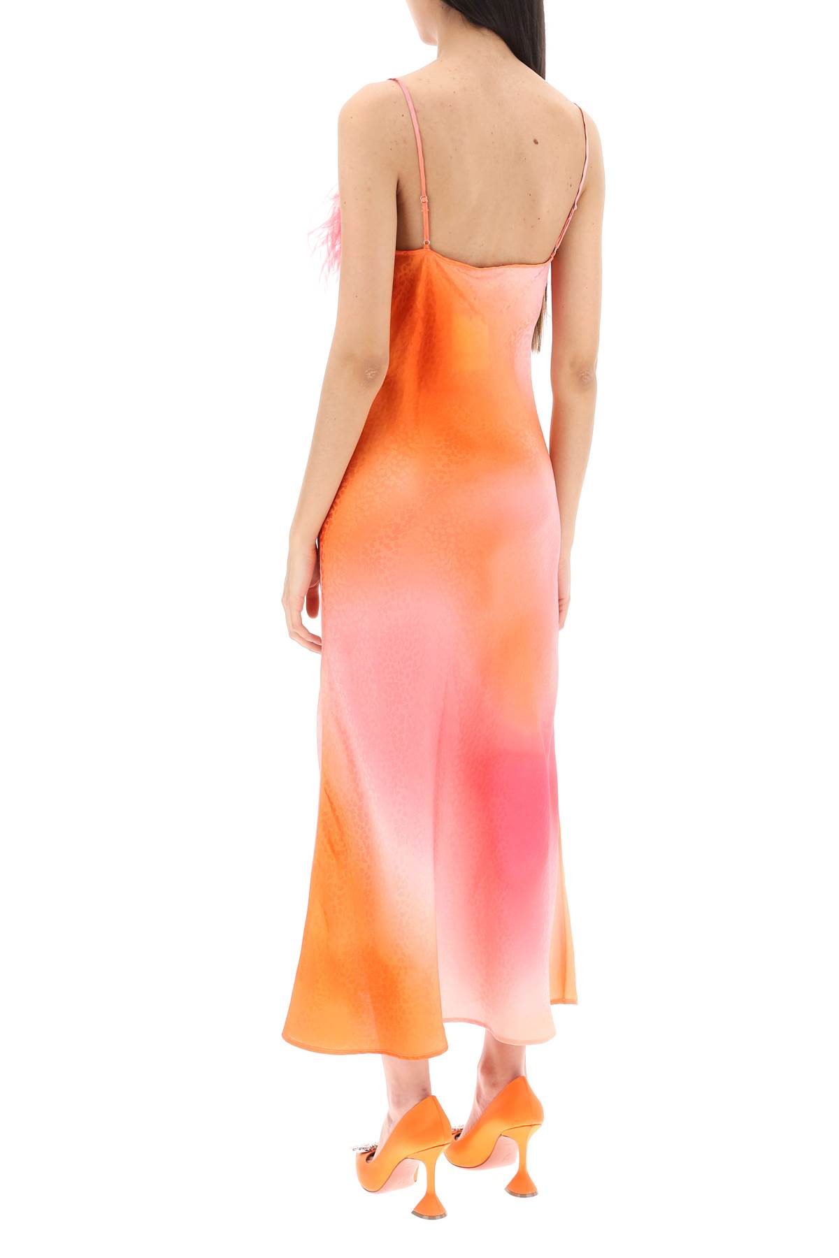 Shop Art Dealer Ella Maxi Slip Dress In Jacquard Satin With Feathers In Pink Orange Print (orange)