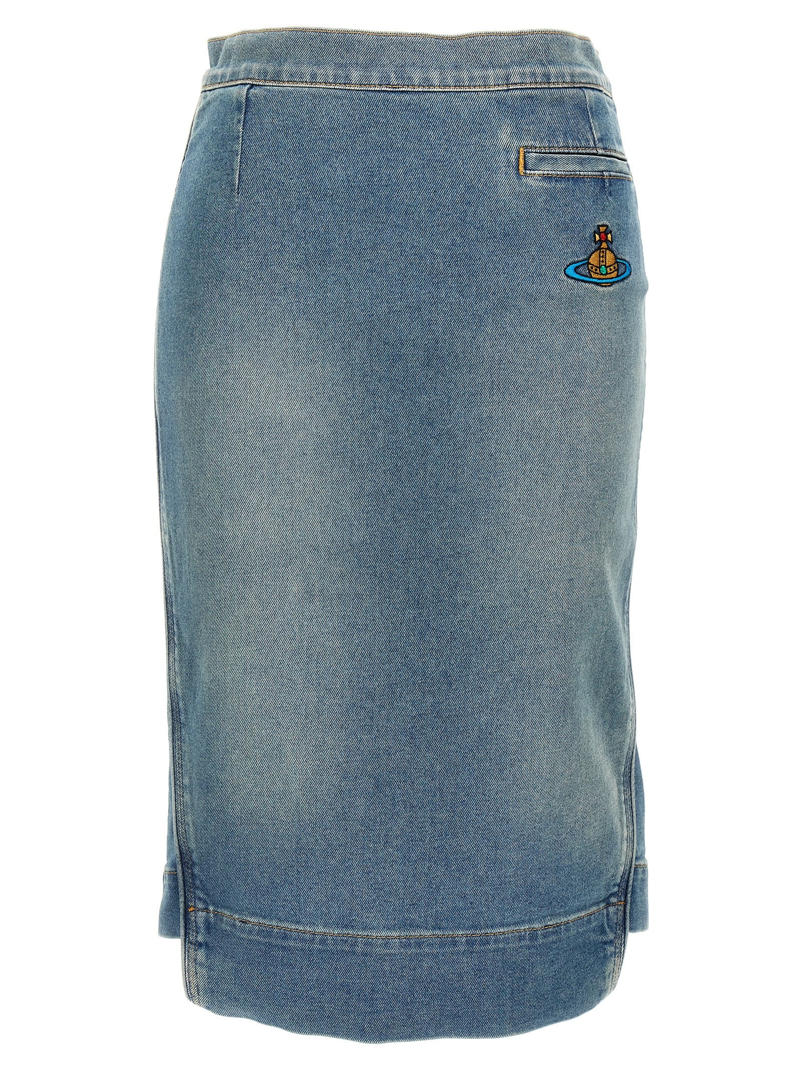 Shop Vivienne Westwood Logo Embroidery Denim Skirt In Light Blue