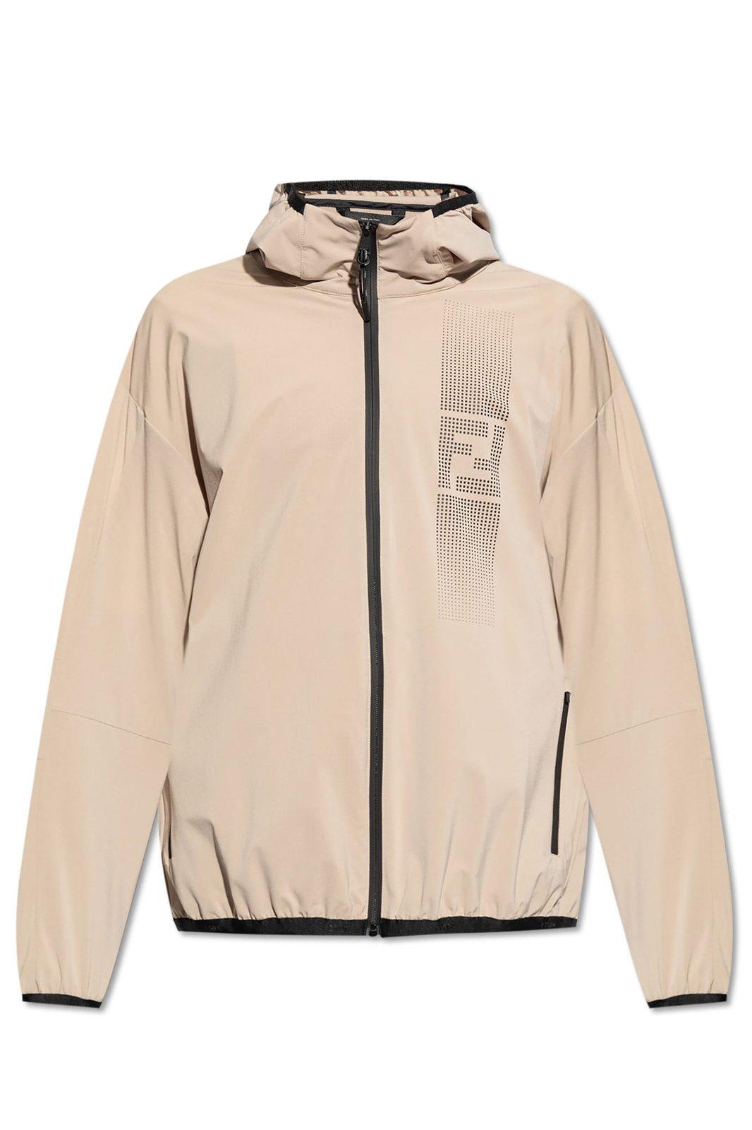 Shop Fendi Gradient Ff Detail Zipped Hooded Jacket In Beige