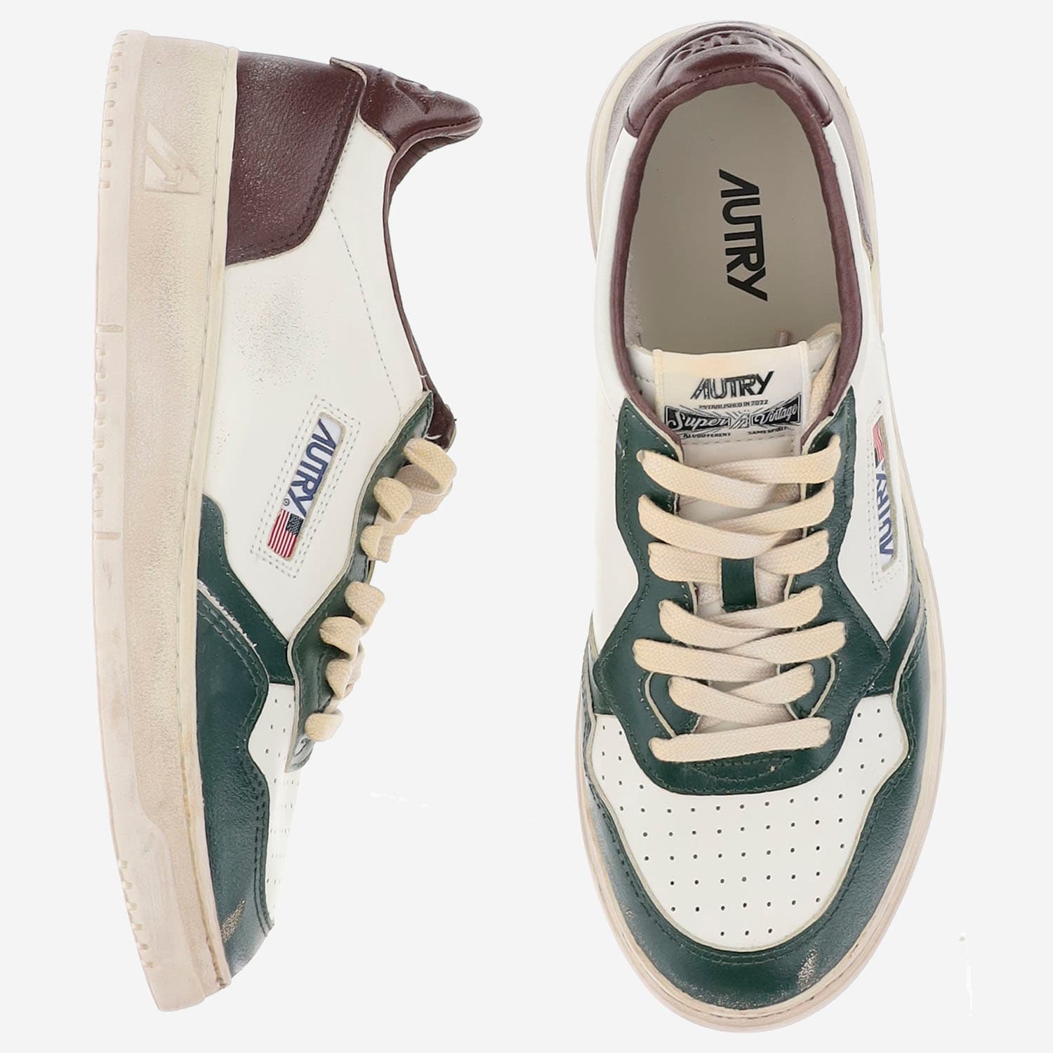 Autry Medalist Low Super Vintage Sneakers In White Pine Grove Leather And Rum Raisin In Animal Print