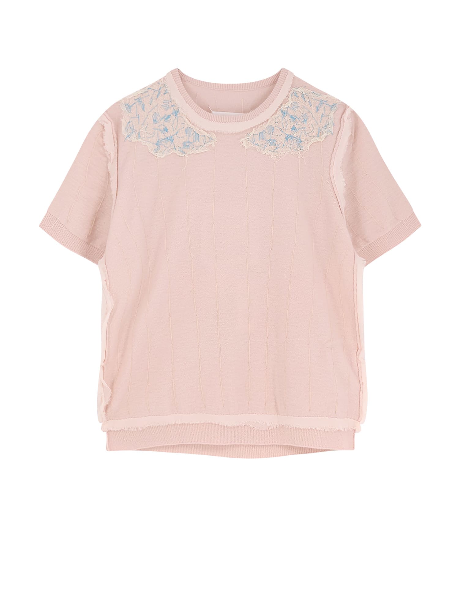 Maison Margiela Handcrafted Wool Sweater With Lace And Ribbed Hem In Pink