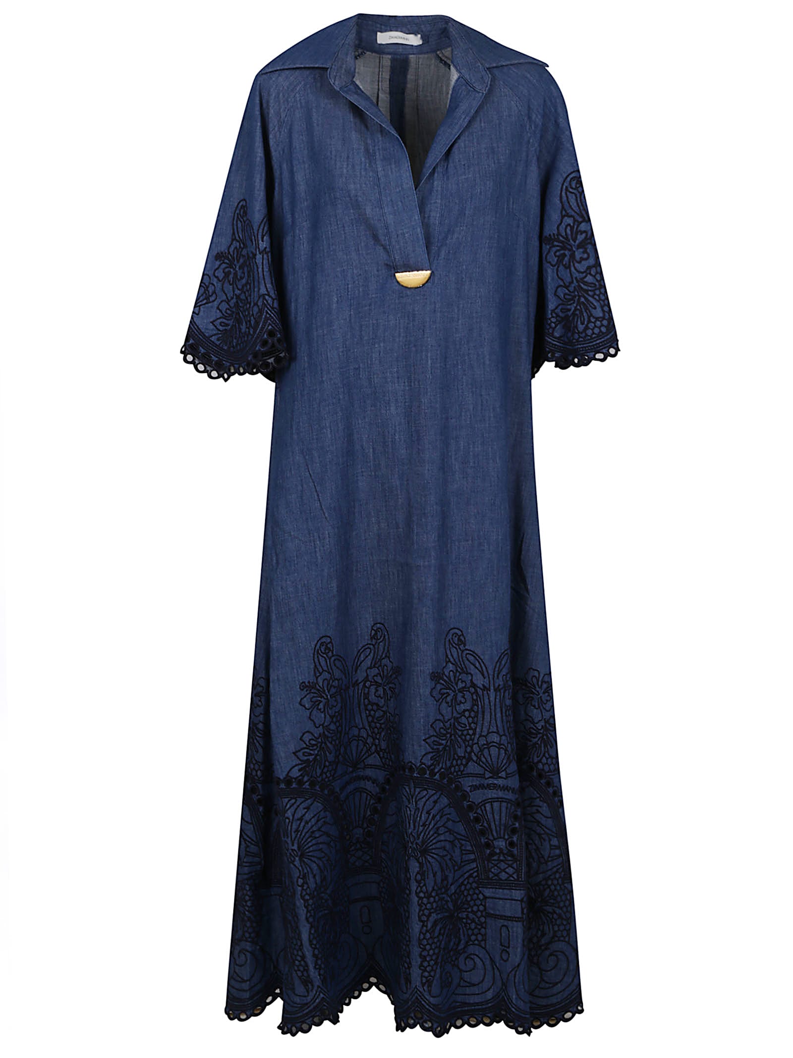 Zimmermann Coco Embroidered Denim Long Dress In Blue