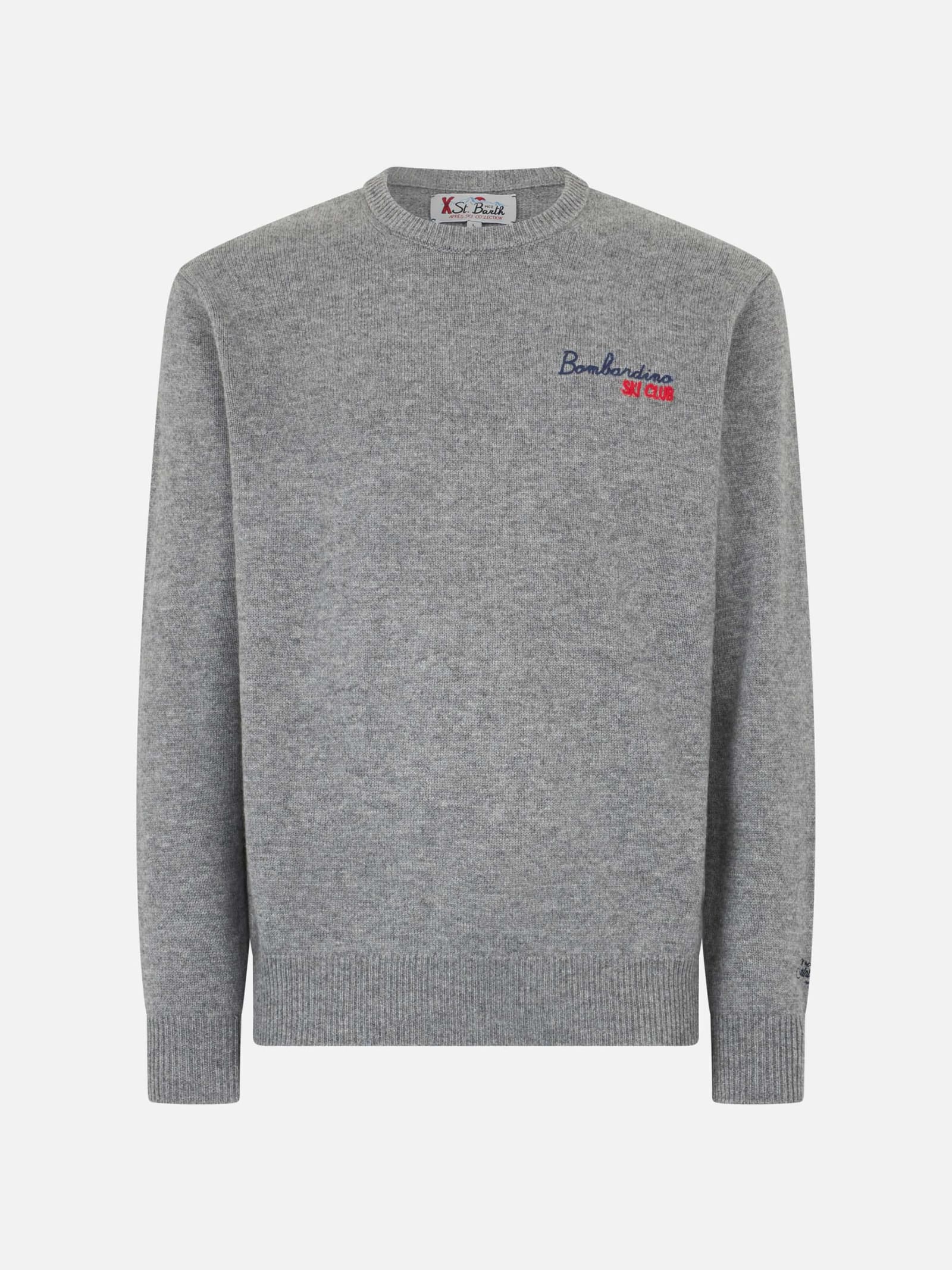 Mc2 Saint Barth Man Crewneck Sweater With Bombardino Ski Club Embroidery In Grey