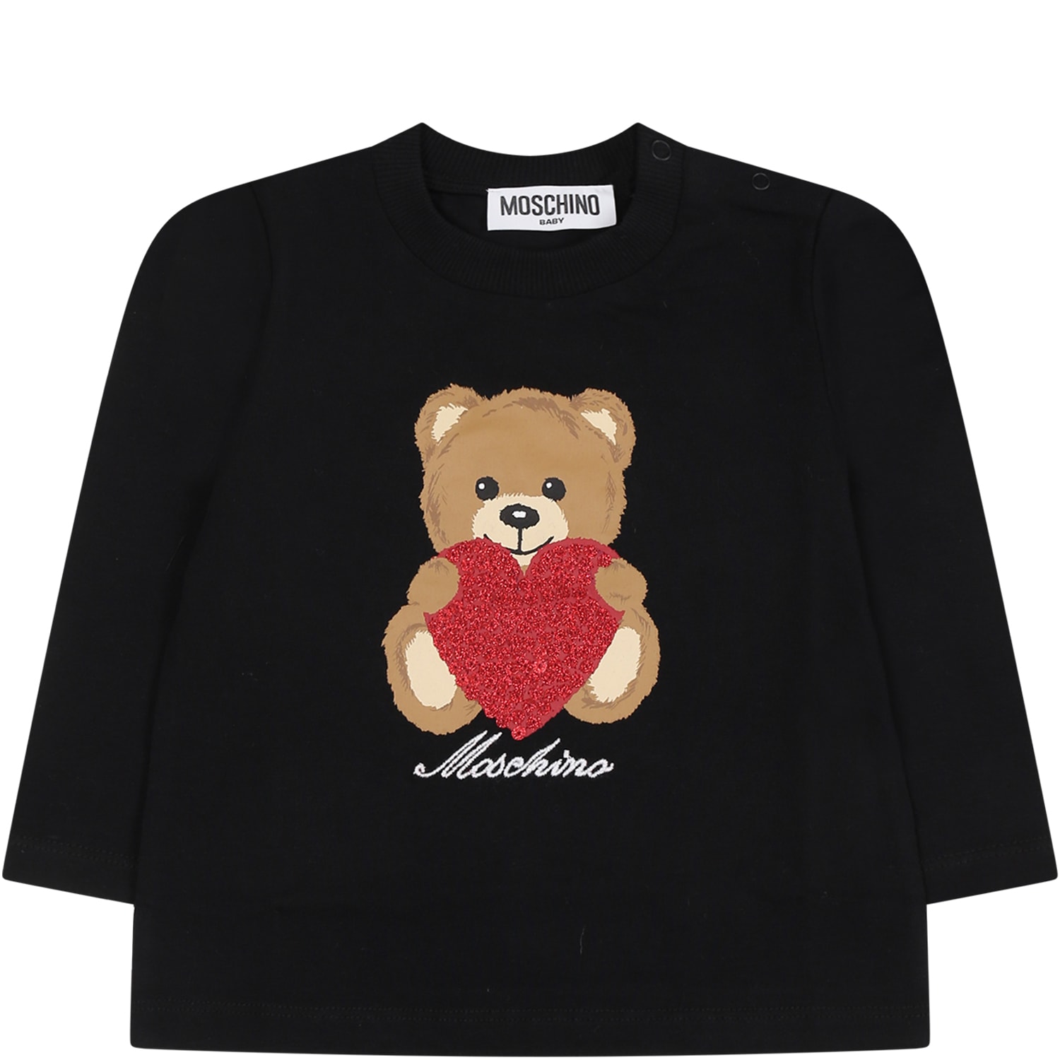 Moschino Black T-shirt For Baby Girl With Teddy Bear And Hearts