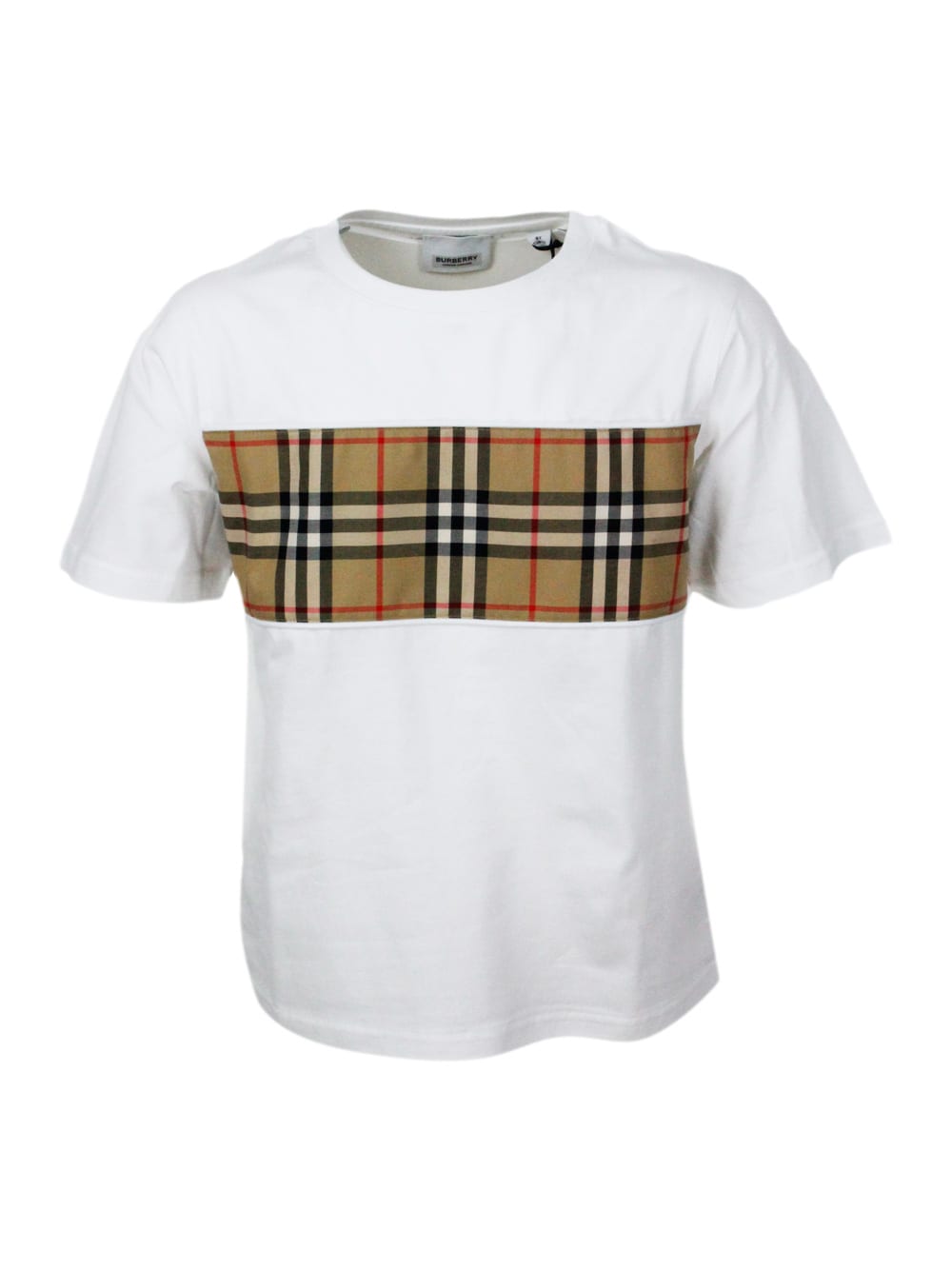 Burberry Crew Neck T-shirt In Cotton Jersey With Classic Check Pattern On The Front