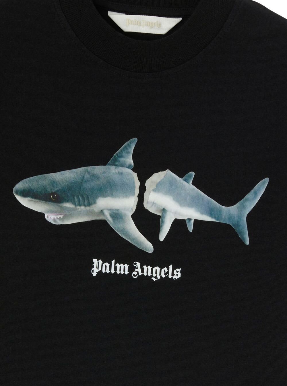 Shop Palm Angels Crewneck T-shirt With Shark And Logo Print In Black Cotton Boy