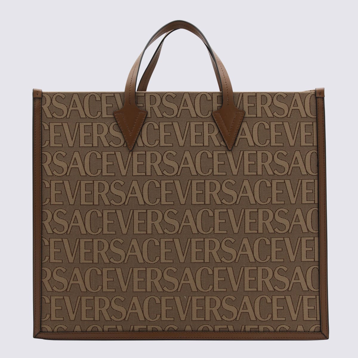 Versace Brown Canvas And Leather Allover Tote Bag In Beige