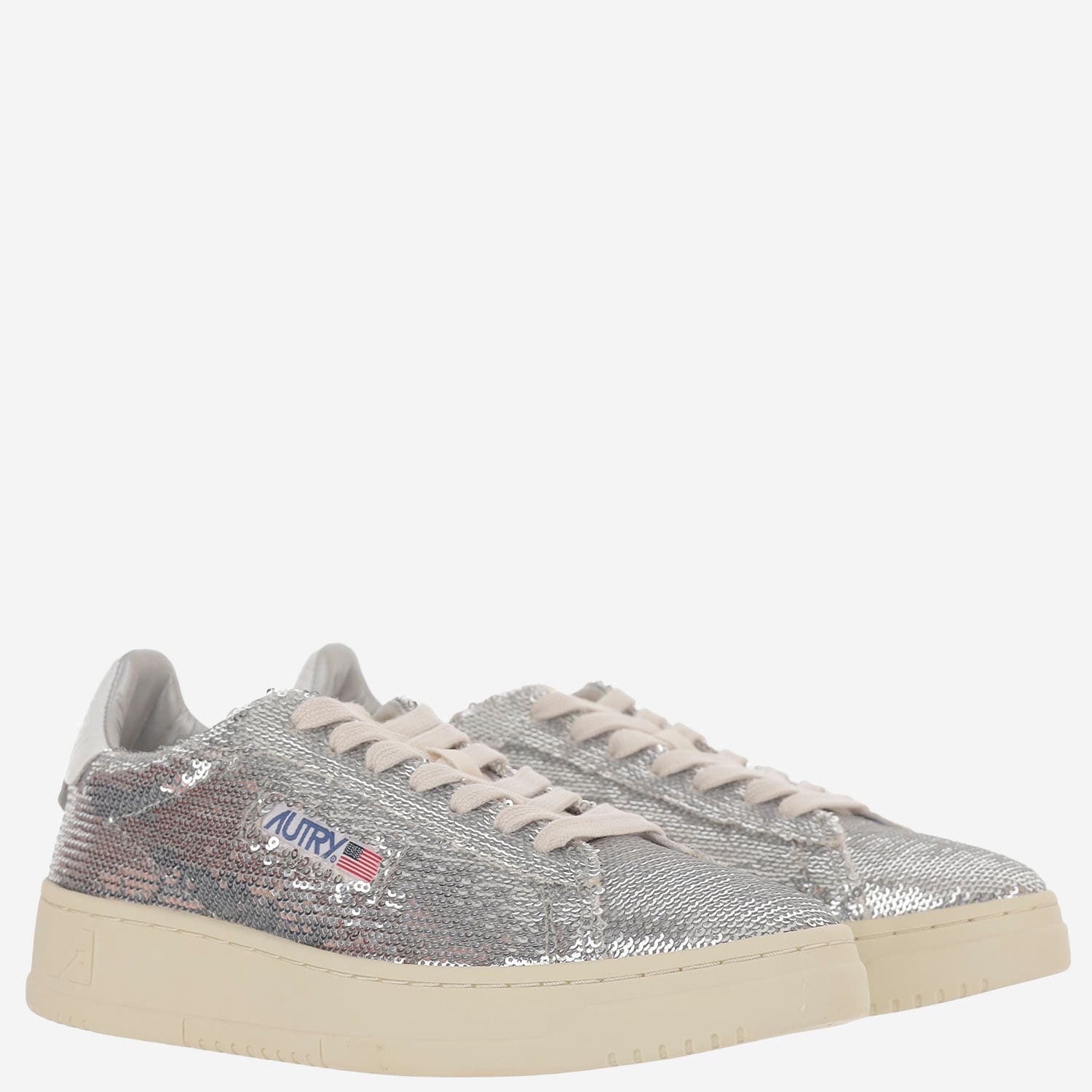 Autry Sequined Low Top Sneakers With Fabric Upper In Silver