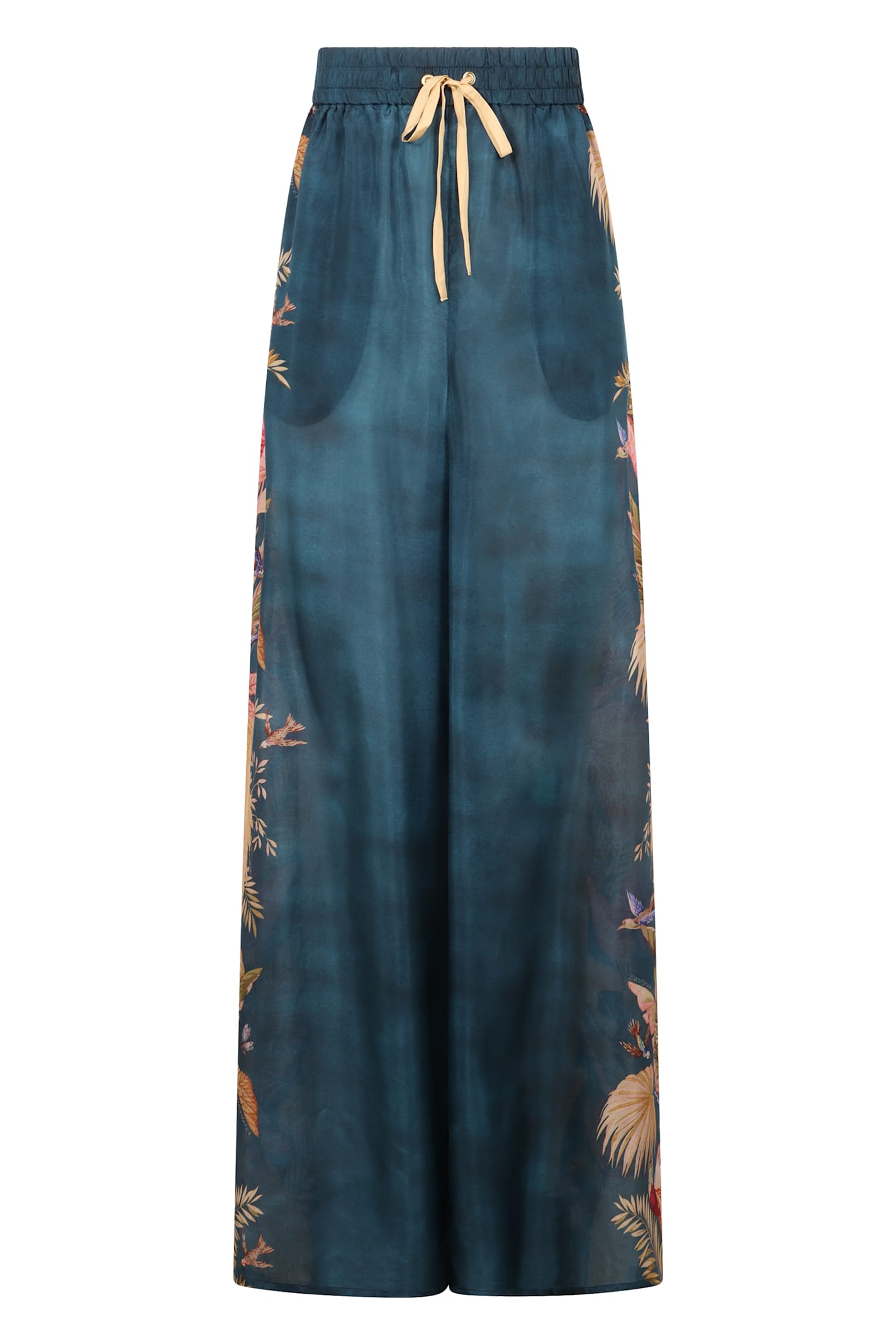 Zimmermann Flowing Floral Print Wide Trousers With Elasticated Waist In Blue